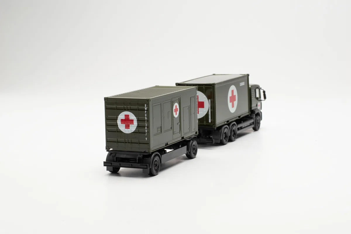 Herpa modello di camion MAN TGA L Container-Hängerzug "Bundeswehr/SAN", in scala 1:87, pezzo da collezione, modello tedesco, statuetta plastica