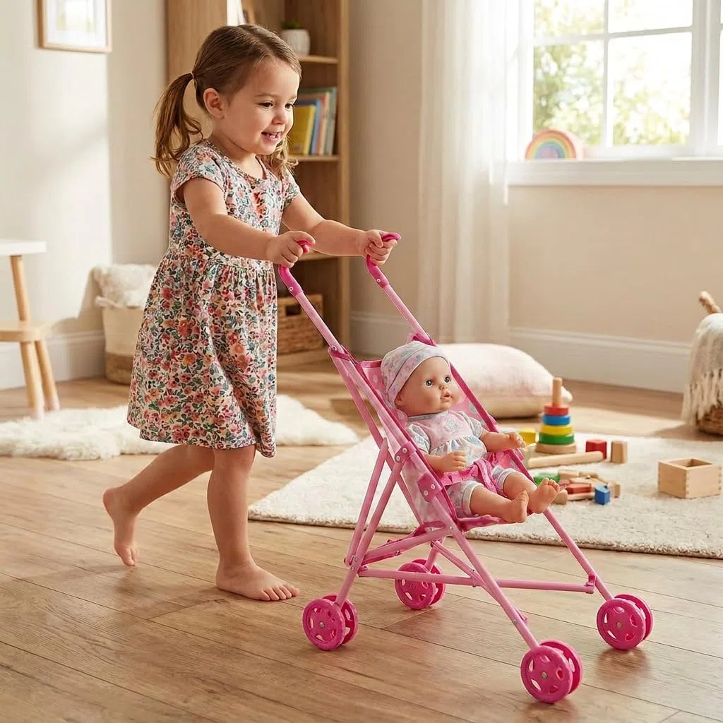 Passeggino per Bambole Pieghevole a Ombrello, Carrozzina per Bambole con Cintura di Sicurezza Integrata, Ruote Doppie, Leggero e Facile da Riporre, Giocattolo per Bambine