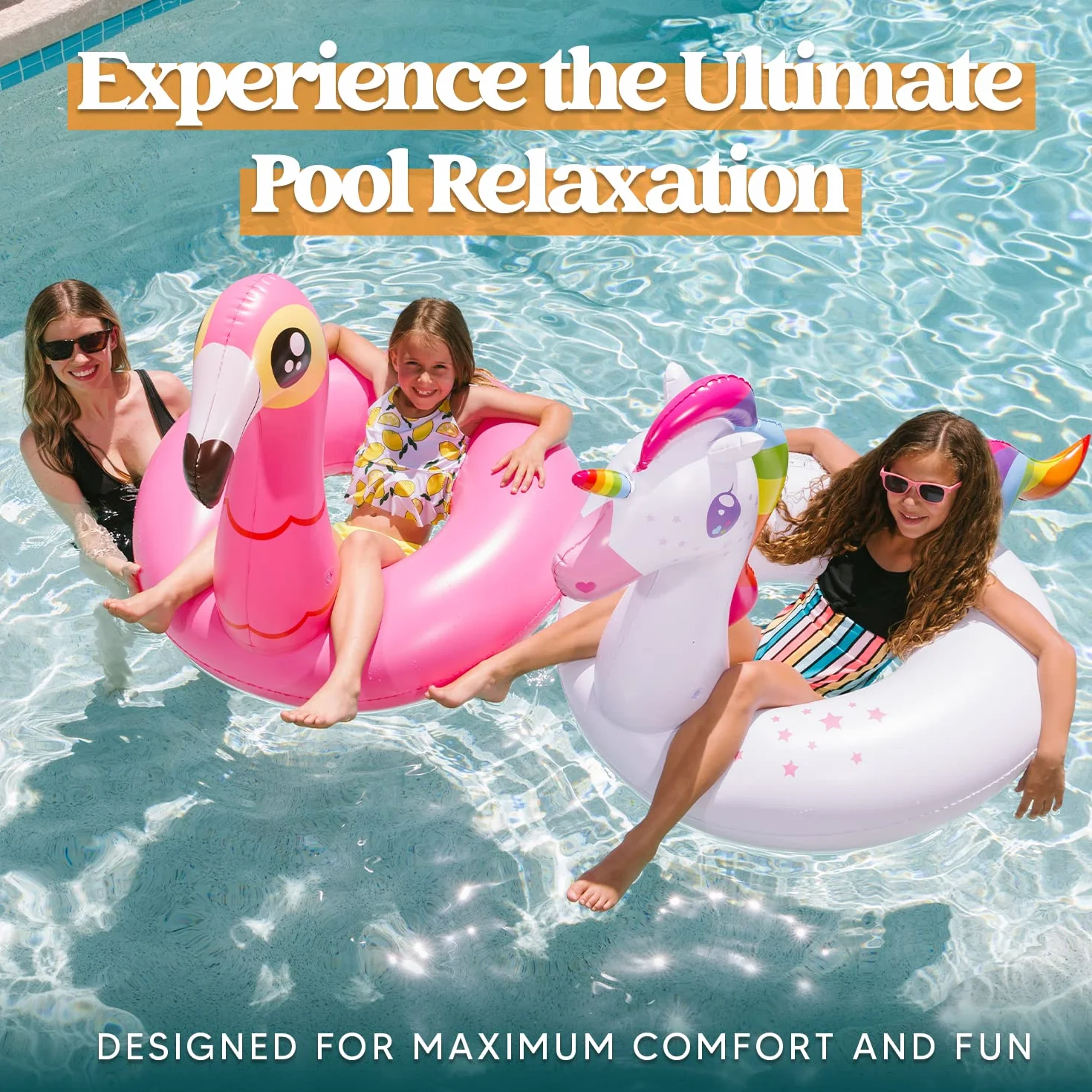 JOYIN 2 Cavalcabile Fenicotteri Gonfiabili, Unicorno Gonfiabili Piscine Adulti Bambini Galleggiante per Piscina, Giochi per Piscina per Beach Party Feste Ferragosto Vacanze Estive