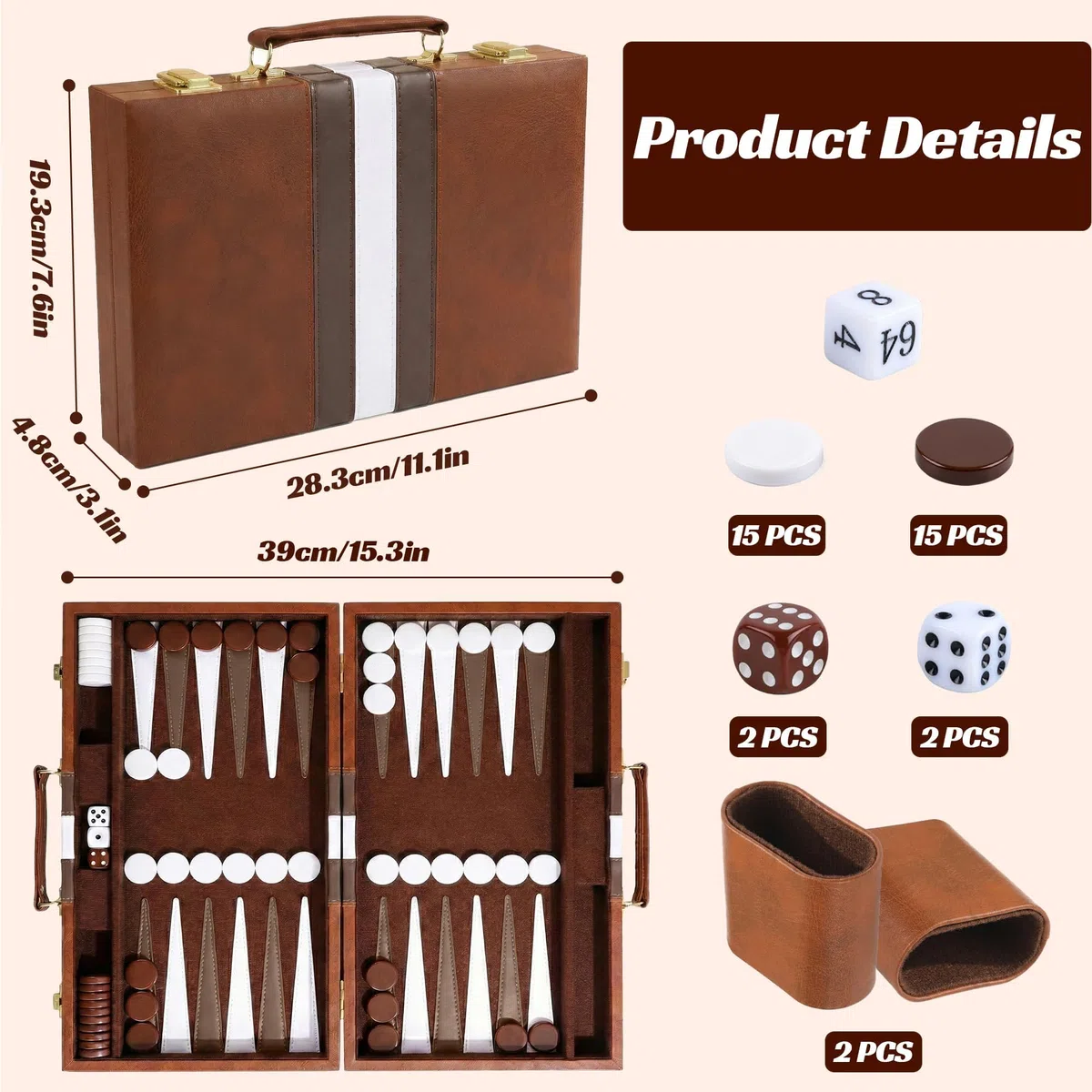 Backgammon Gioco, PUYUKO Backgammon Set Valigetta 11 Pollici Set Gioco da Tavolo per 2 Giocatori con Accessori per Adulti, Amici e Famiglia (Marrone)