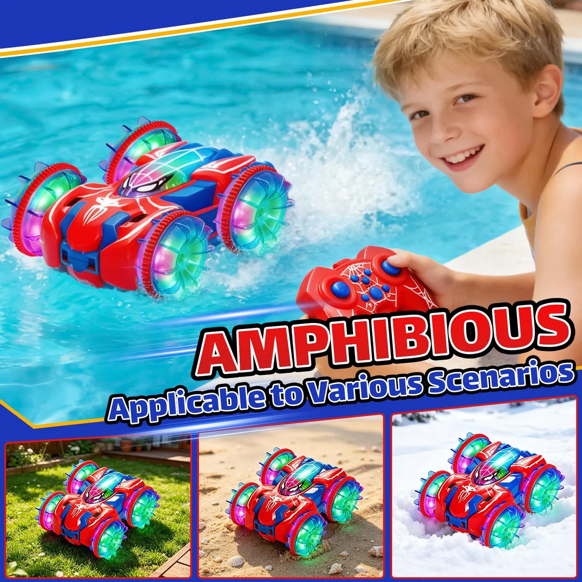 Macchina Telecomandata per Bambini dai 3-10 Anni, Auto RC Anfibia con Rotazione 360° e Luci LED, Monster Truck Telecomandato 2,4 GHz 4x4 per Acqua, Sabbia, Neve, Erba