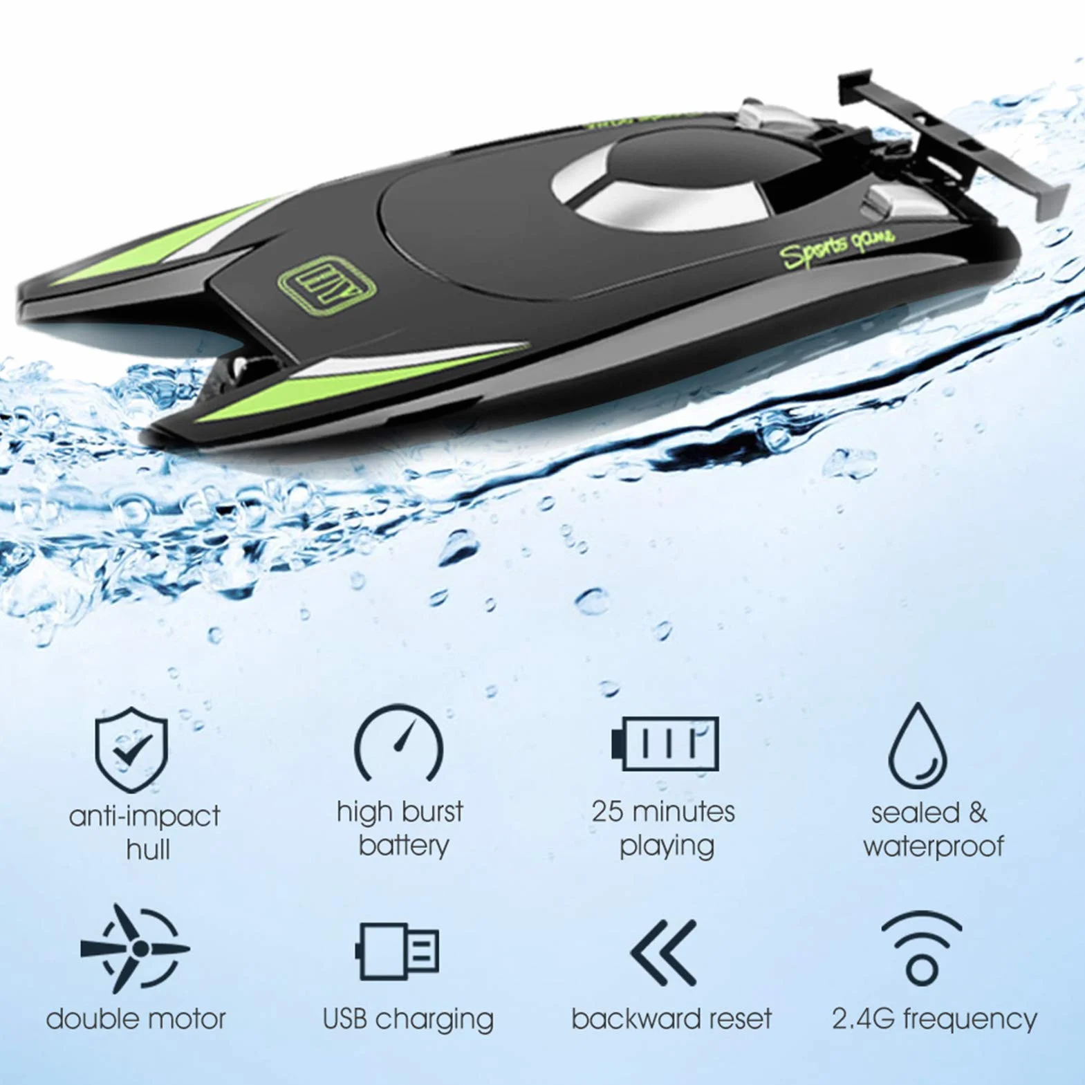 Goolsky RC Barca con Batteria, 25KM/H ad Alta Velocità, Telecomando a 2 Canali per Piscina, per Bambini e Adulti