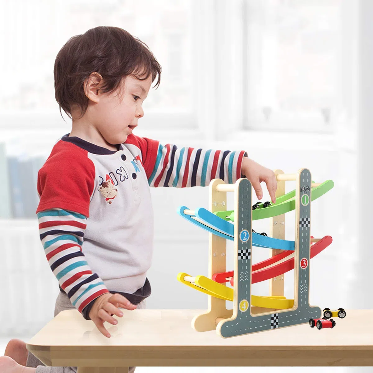 Jacootoys Pista Macchinine per Bambini Piccoli, Pista Auto Giocattolo Macchine Corsa, Pista da Corsa in Legno Giochi con 4 Mini Auto