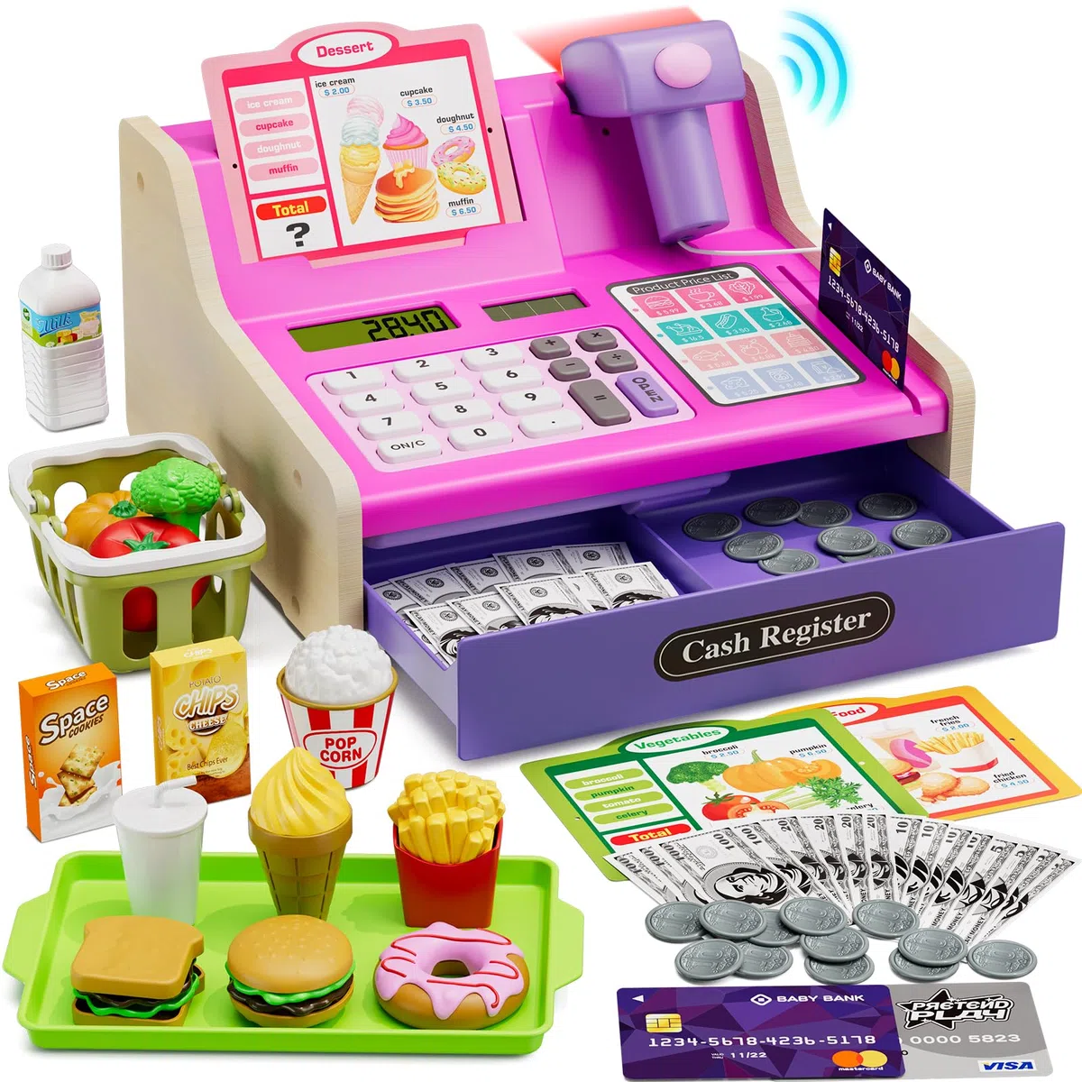 HYES Registratore di Cassa Giocattolo in Legno per Bambini con Scanner, Calcolatrice Reale, Giocattoli Soldi / Monete / Carta di Credito / Cesto Della Spesa, Giochi Regalo per Ragazzi Ragazze, Rosa