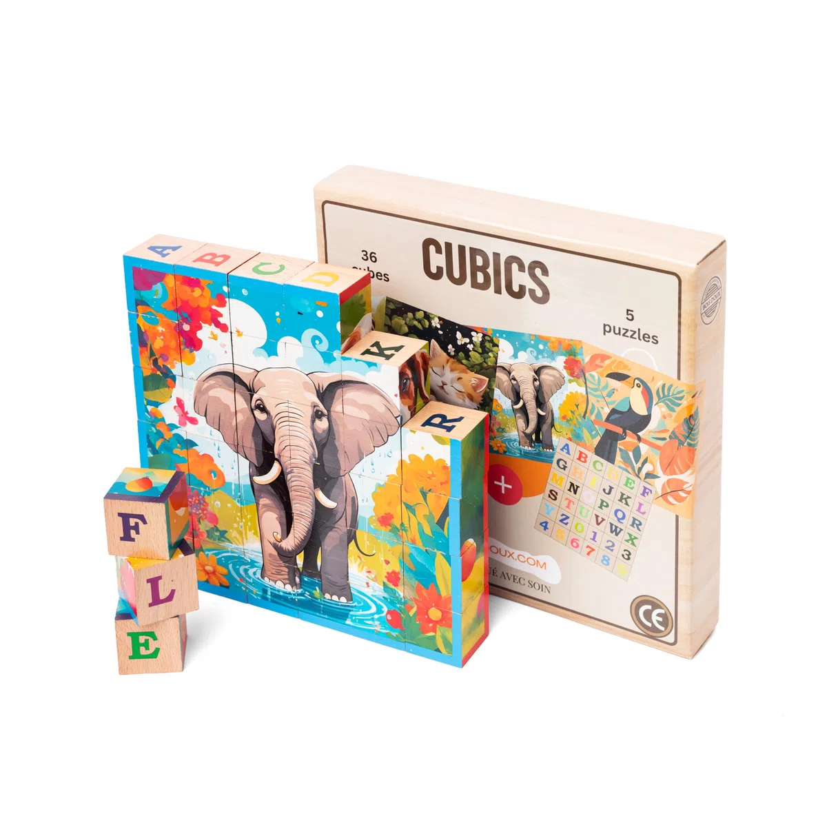 CUBICS – Puzzle Montessori in legno 6 in 1 | 36 cubi con 5 puzzle di animali, lettere e numeri | Giocattolo educativo 3+ | Legno naturale senza plastica | Idea regalo per Natale o compleanno