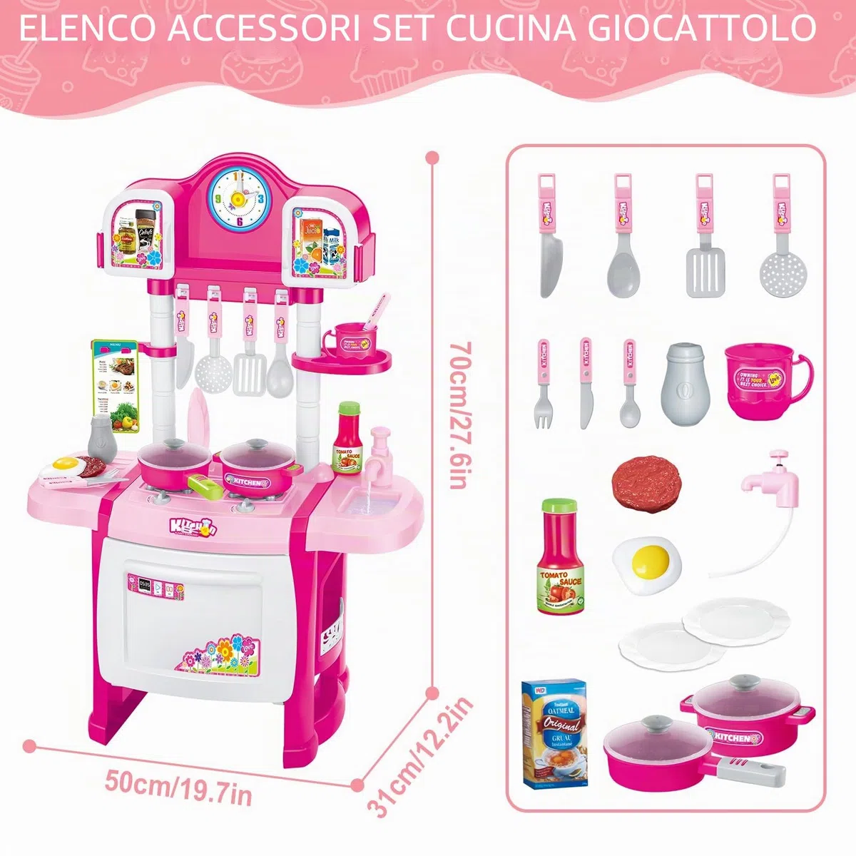 deAO My Little Chef Cucina Giocattolo in Miniatura con Luci e Suoni, 18 Accessori, Fornello, Lavello, Padelle e Utensili, Gioco di Ruolo, Regalo per Bambini e Bambine | Rosa