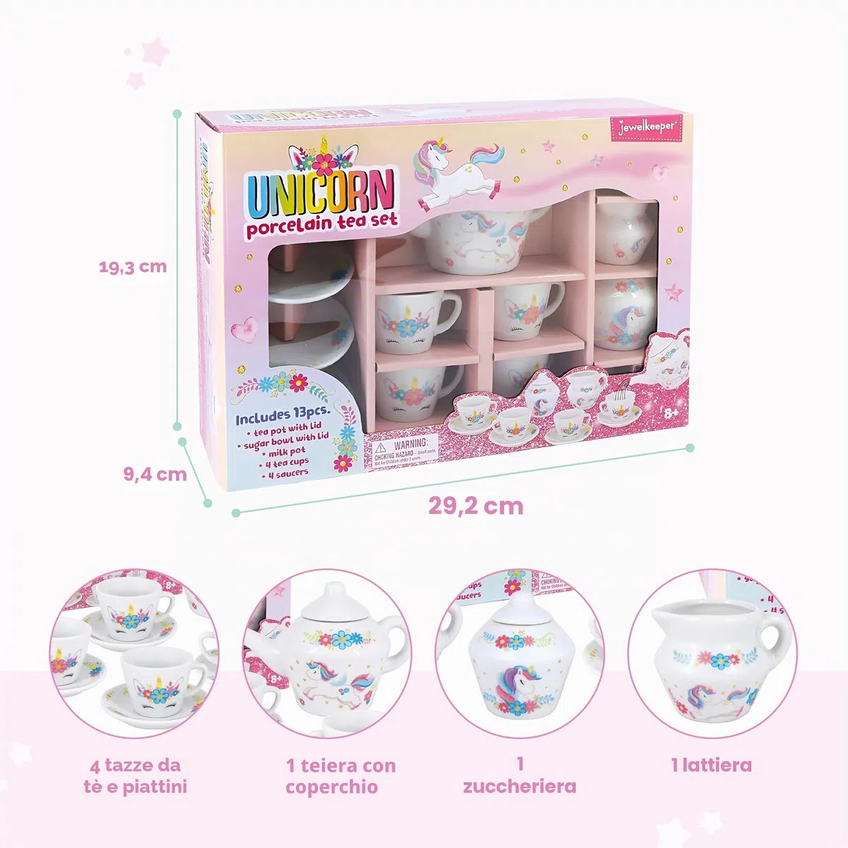 Jewelkeeper Set da tè in porcellana per bambine - Giocattolo da tè, Tazze da tè in ceramica rosa con scatola rosa - Regalo per bimbi di 3 anni - Design Unicorno, 13 pezzi