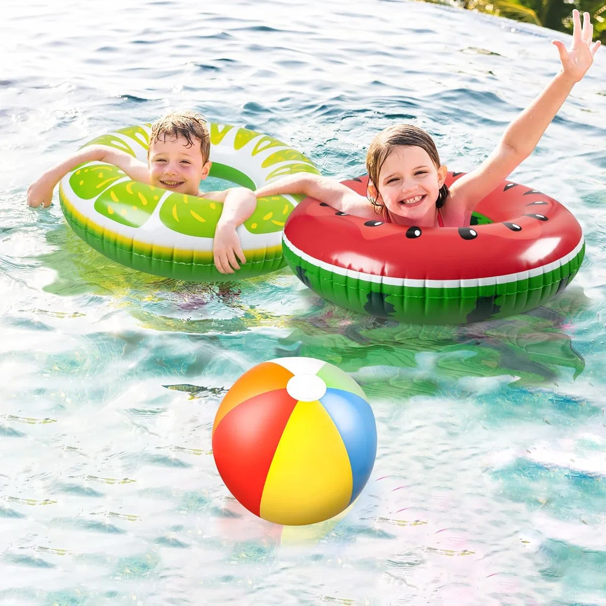 LATERN 7 Pezzi Frutta Galleggianti Gonfiabili dello Stagno, 4 Pezzi 75CM Anelli Tubi da Nuoto a Frutta con 3 Pezzi 35CM Palloni da Spiaggia - per Bambini Adulti Spiaggia Nuoto Piscina Festa