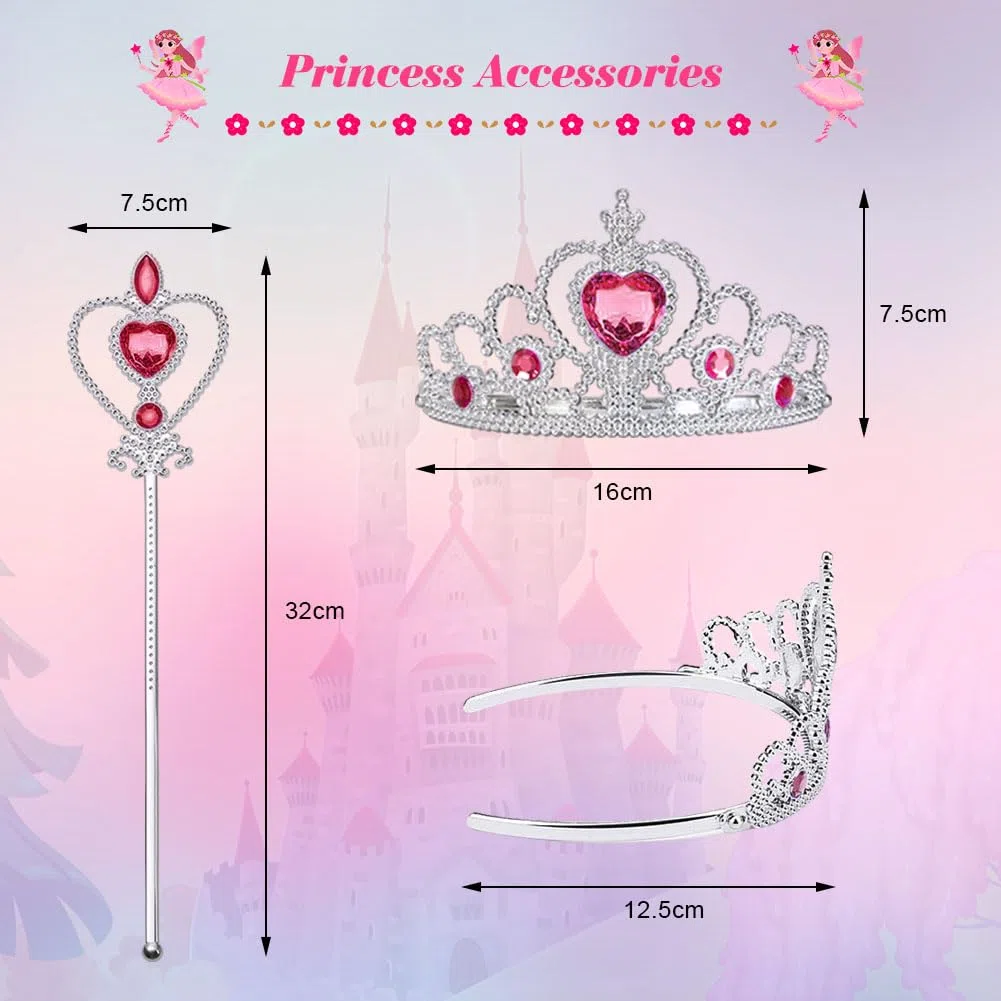 URAQT Costumi Principessa, 3 Pcs Vestito Bambina Bella Addormentata Costume con Accessori, Ragazza Abiti Principessa Abito Principessa Rosa da Carnevale Halloween Cosplay