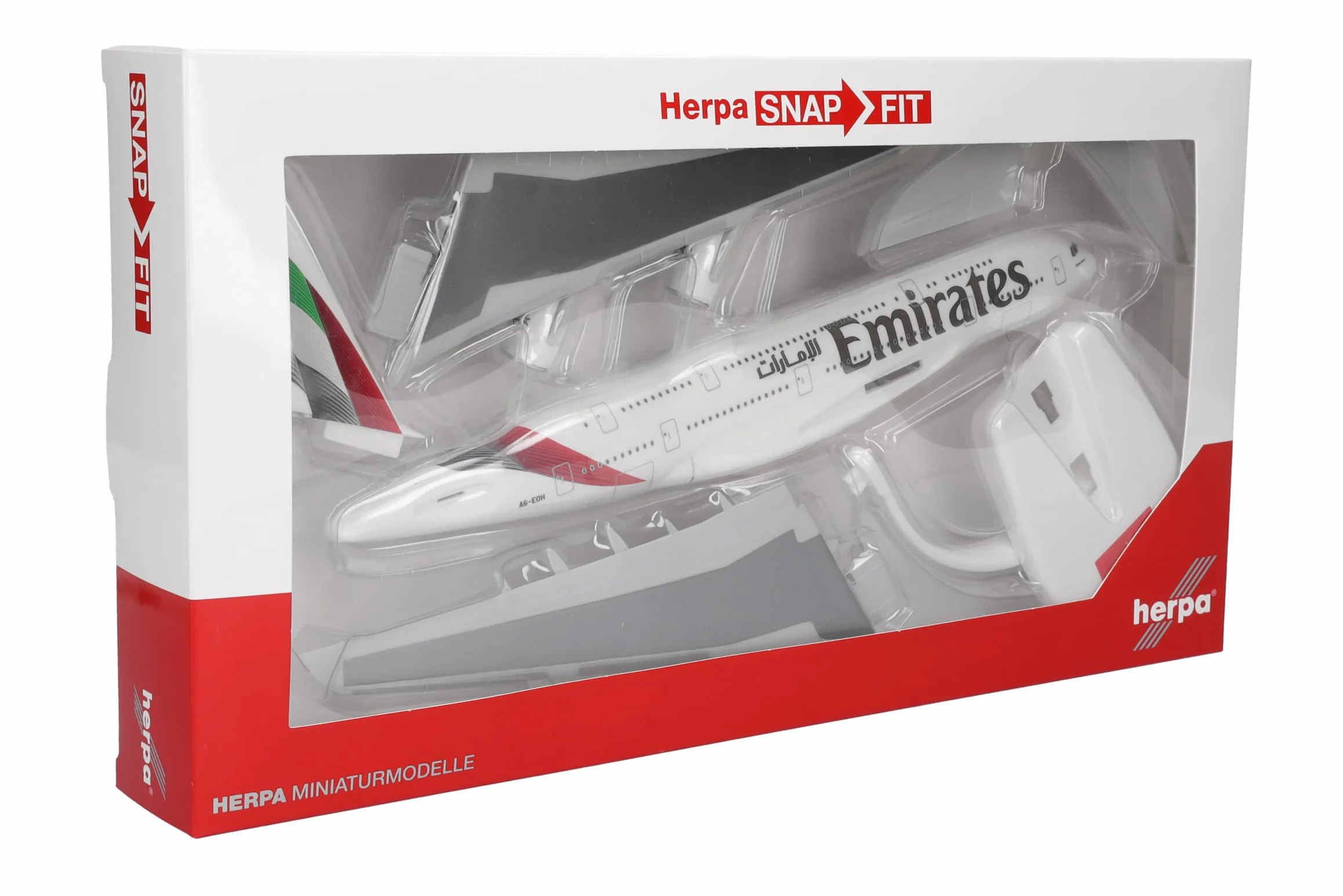 Herpa modello di aereo Emirates Airbus A380, in scala 1:250 - Snap-Fit, pezzo da collezione, miniatura deco, statuetta con supporto in plastica