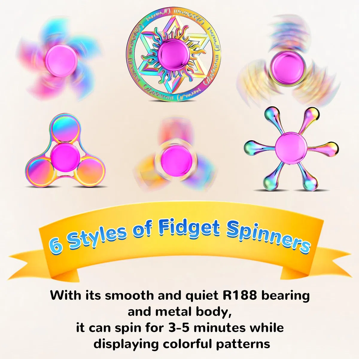SCIONE 6 Pezzi Set di Fidget Spinner in Metallo – Giocattoli Sensoriali Lisci e Durevoli per Alleviare Stress e Ansia, Rotazione di 3-5 Minuti, per Bambini e Adulti (Colori Arcobaleno)