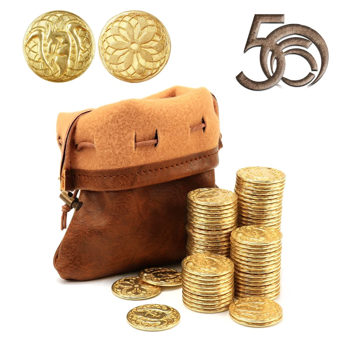 Byhoo DND Set di Monete in Metallo Fantasia con Borsa in Pelle, gettoni Gioco da Tavolo, Tesoro e Oggetti di Scena retrò, 50 Monete d'oro magiche DND per Giochi di società TRPG