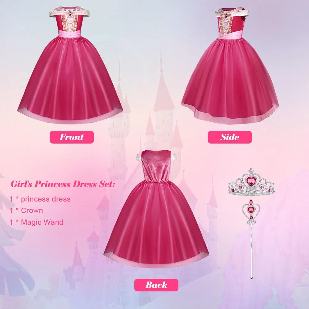 URAQT Costumi Principessa, 3 Pcs Vestito Bambina Bella Addormentata Costume con Accessori, Ragazza Abiti Principessa Abito Principessa Rosa da Carnevale Halloween Cosplay