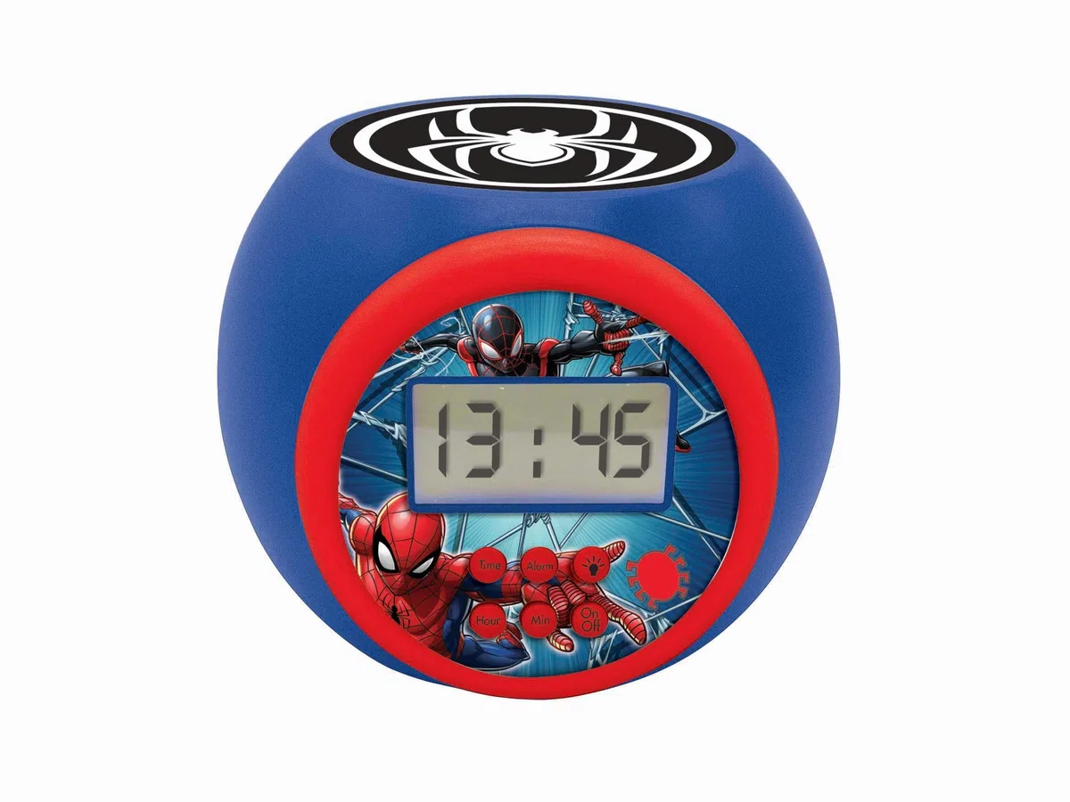Lexibook - Marvel Spider-ManSveglia con proiettore con Funzione Snooze, Luce Notturna con Timer, Schermo LCD, a Batteria, Blu/Rosso, RL977SPLXB