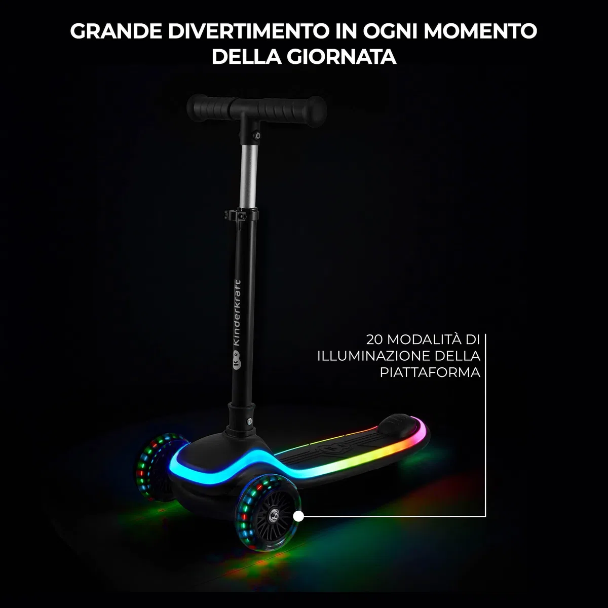 Kinderkraft RAKET Monopattino Bambini 2+ Anni a 3 Ruote con Luci LED RGB – Leggero e Pieghevole, Manubrio Regolabile, Sistema di Equilibrio, Freno Sicuro, Blu