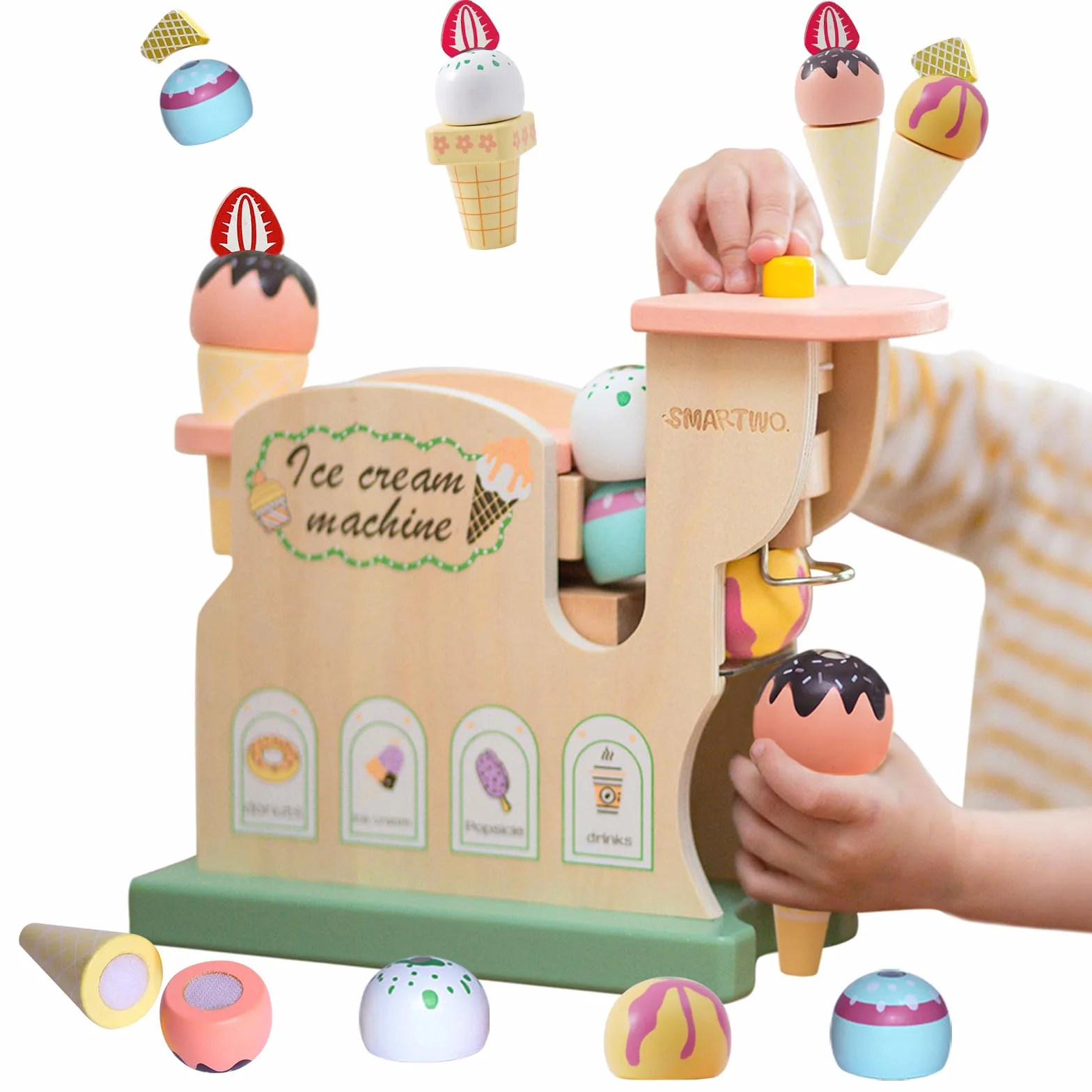 Gelatiera per Bambini in Legno, Giochi Gelato Bambina, Macchina Gelato Bambini, Cucina Giocattolo per Bambini, Accessori Cucina Legno, Regalo per Bambina 3 4 5 6 Anni