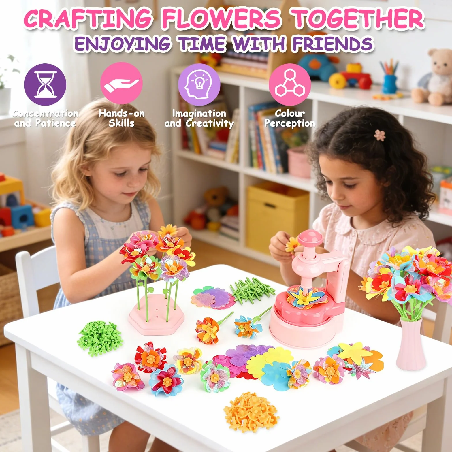 Il Laboratorio dei Fiori,Set fai da te di fiori fai da te per bambini,Kit artigianale con macchina per la produzione di fiori bambini,DIY kit creativo regalo giocattoli bimba 3 4 5 6 7 8 9 anni