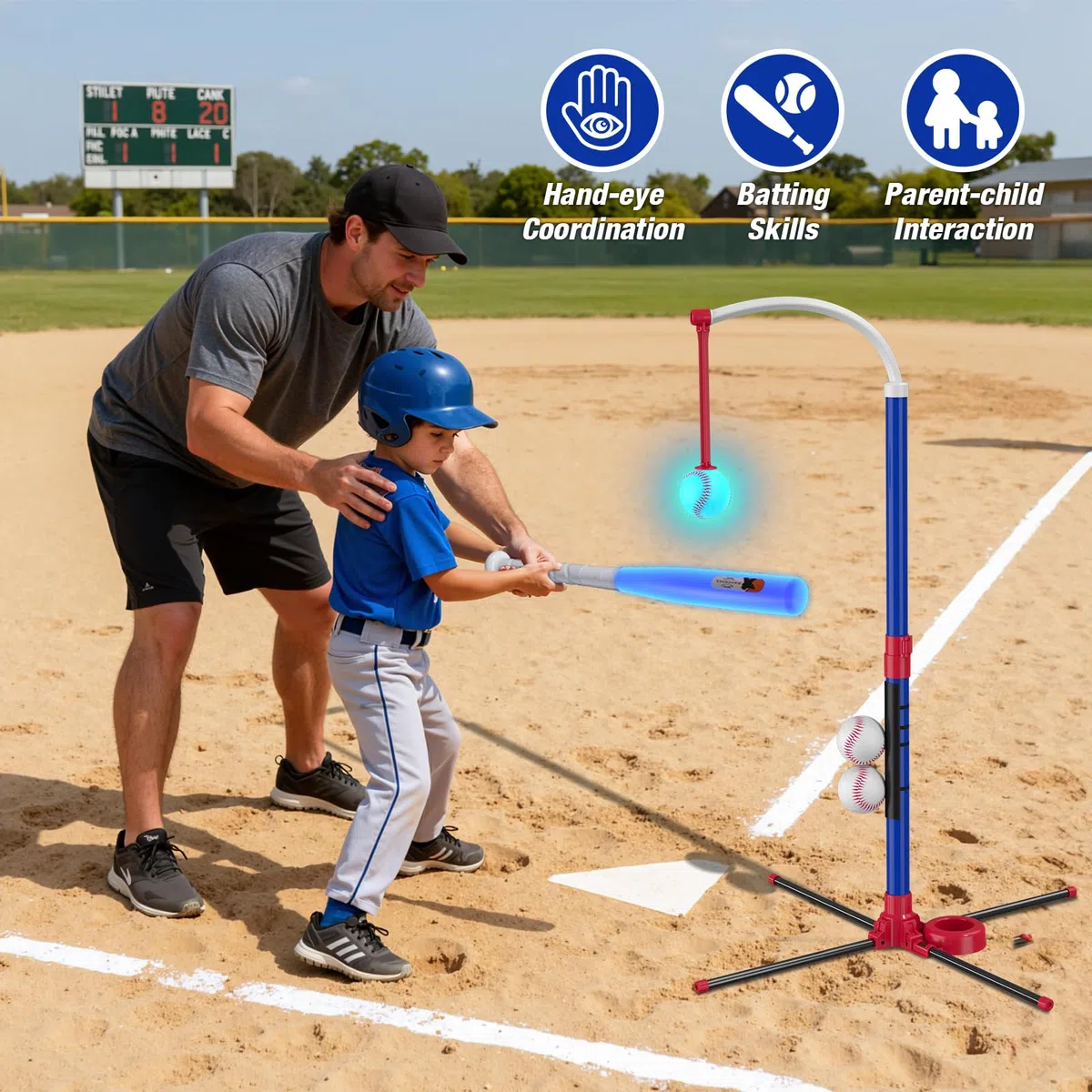 HYES Set da baseball a LED 3 in 1 per bambini dai 3 ai 5 anni, supporto per palline a T, tee da appendere, lanciatore di palline e 4 softball, altezza regolabile, regalo sportivo per interni ed