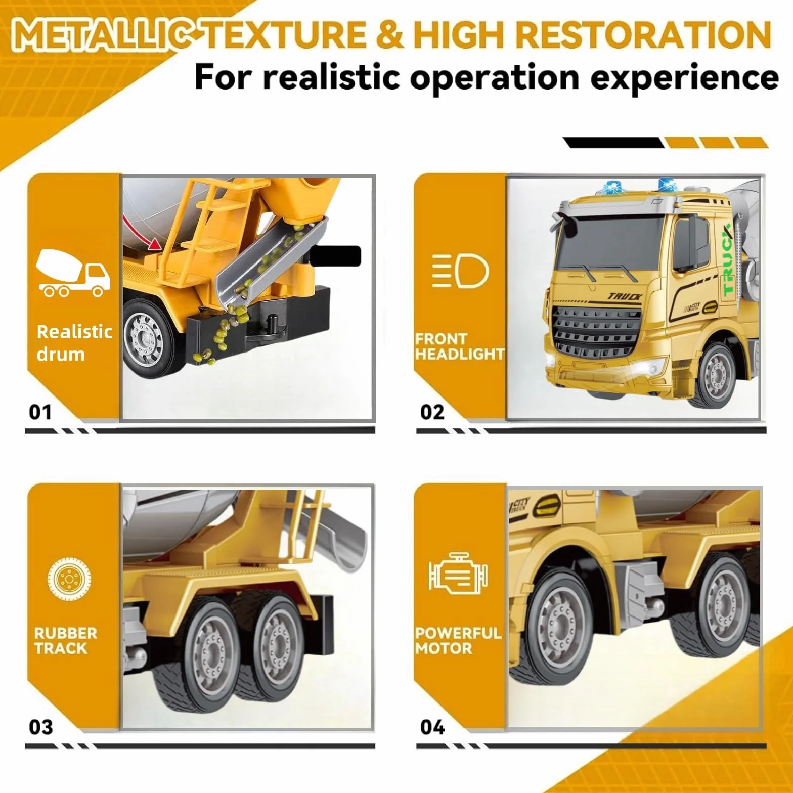 Camion betoniera con tutte le funzioni, giocattolo telecomandato alimentato a batteria, per bambini e bambine (di età 3-7), scala 1:24, con luci e suoni