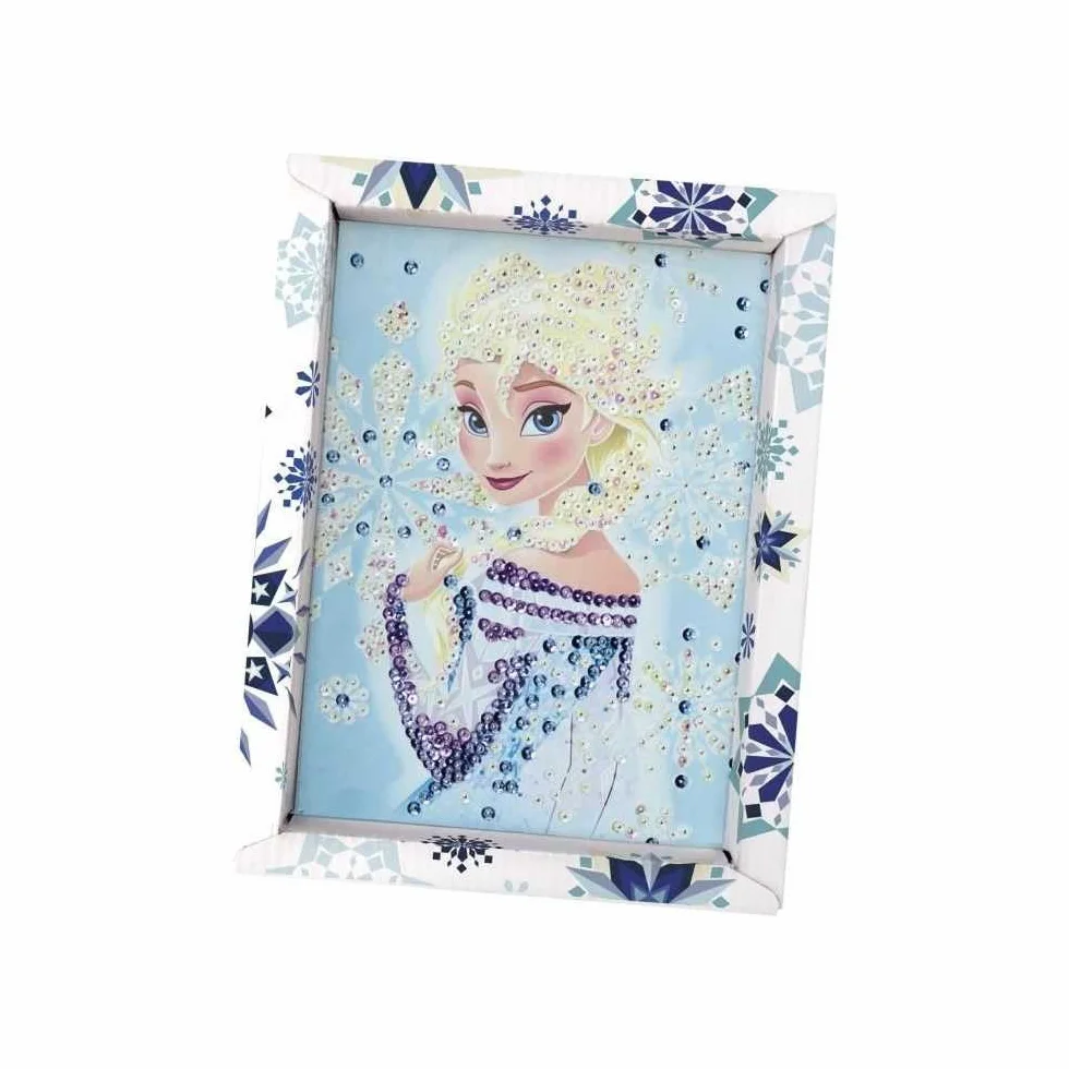 Lansay - COLLECTION SEQUINS - Elsa La Regina delle Nevi - Kit Mosaico con Paillettes per Bambini dai 7 Anni - Quadro Scintillante con Cornice, Paillettes e Spilli - Idea Regalo Creativa Disney