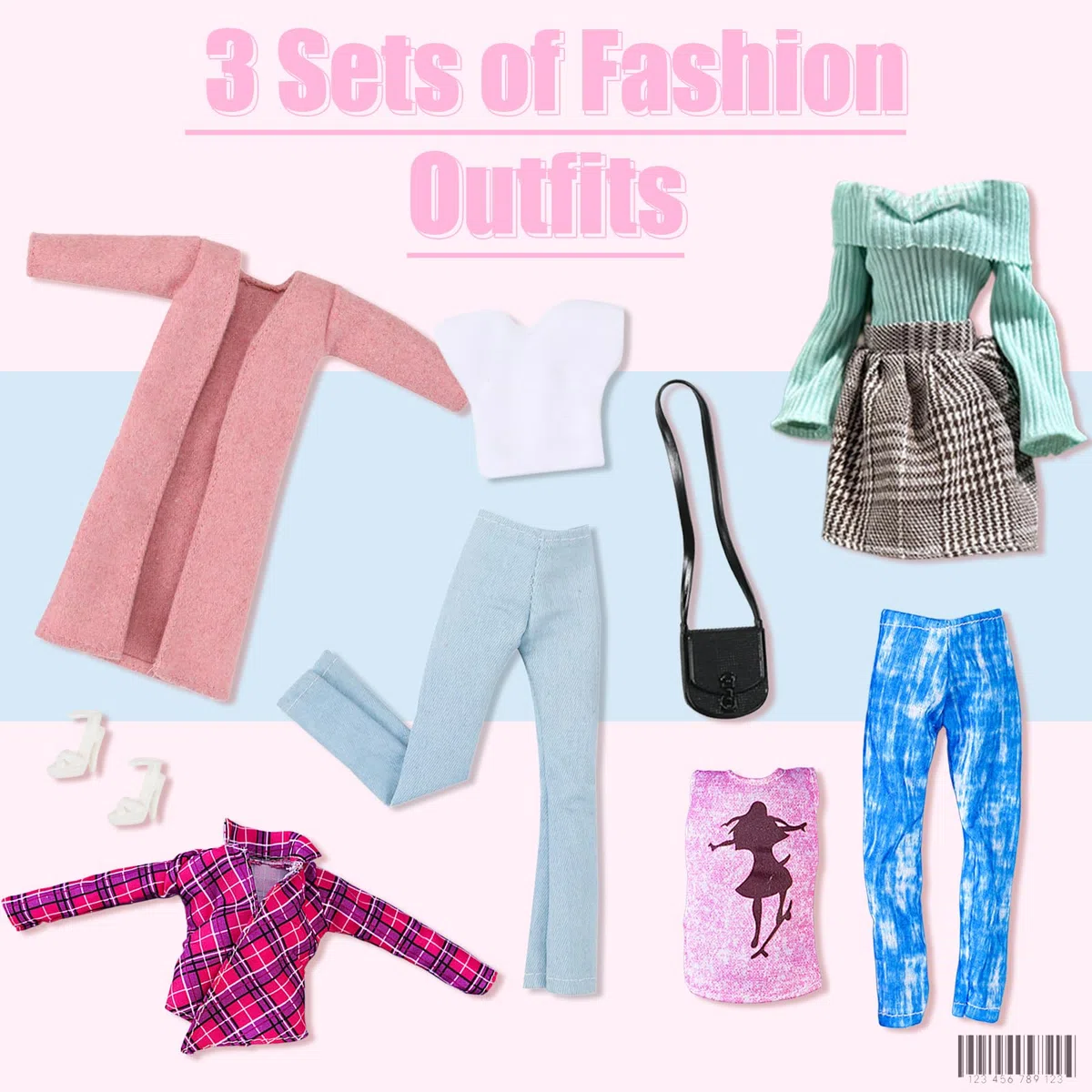 16 pezzi di vestiti e accessori per bambole da 11,5 pollici, cappotto rosa, vestito a motivo pied-de-poule, set casual, selezione casuale di 3 outfit, 6 scarpe, 2 borse, 1 paio di orecchini, 1