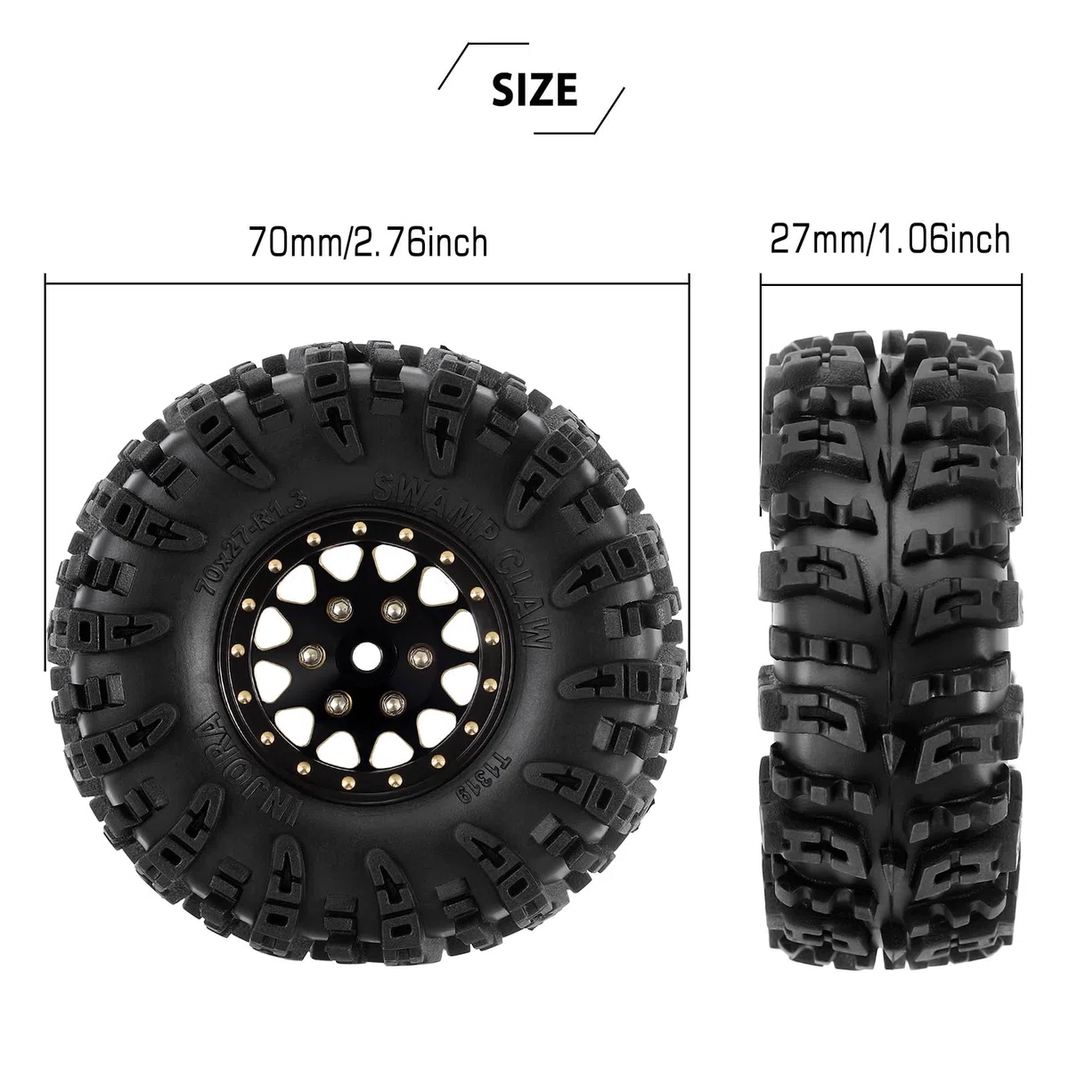 INJORA 1.3 "Ruote Pneumatici Set S5 Swamp Claw Mud Terrain Pneumatici 70 * 27mm per 1/18 1/24 RC Crawler Car (Nero Ottone)