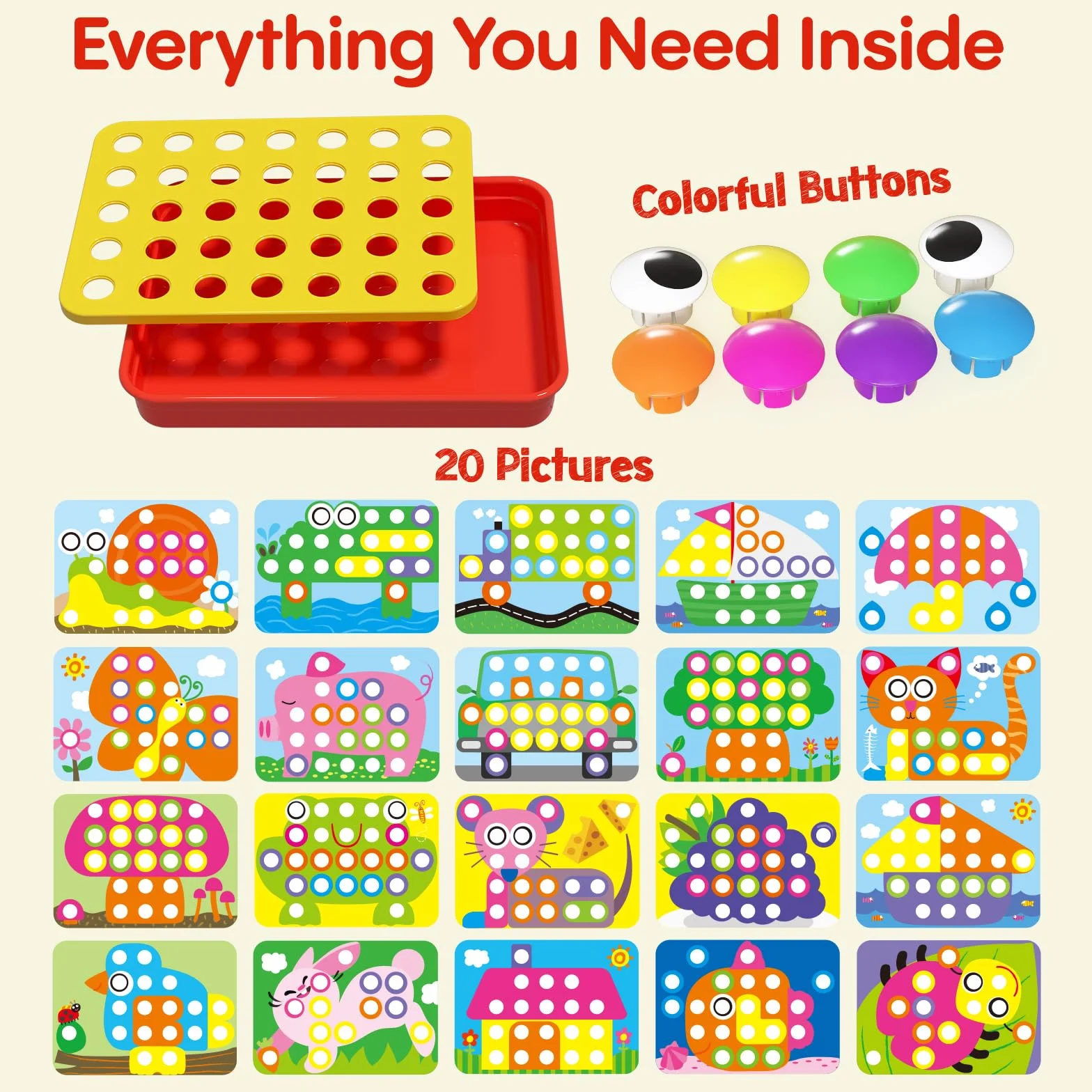 AMOSTING gioco chiodini per bambini 2, 3 anni, gioco di abbinamento colorato, giocattoli prima infanzia, puzzle regalo di compleanno per bambino-20 carte e 46 pulsanti