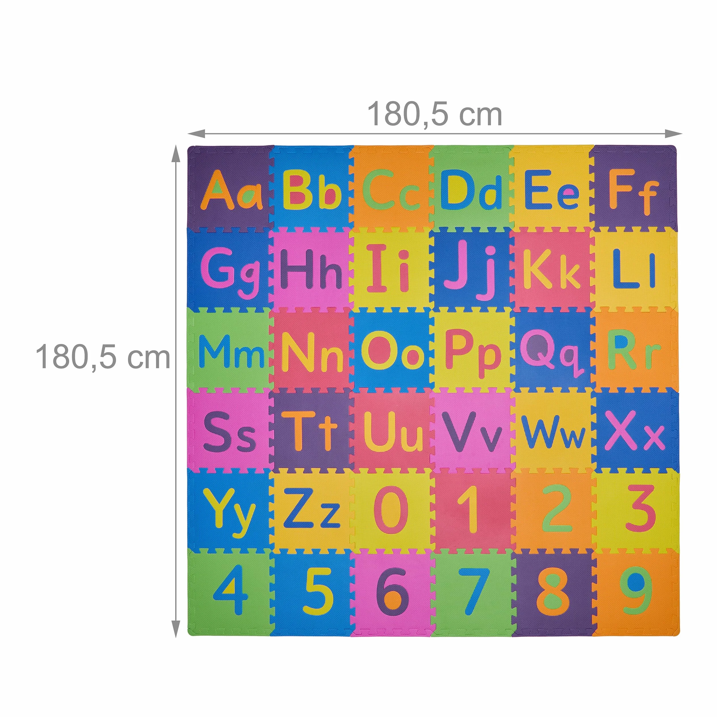 Relaxdays Tappeto Gioco Bambini, Puzzle 90 Parti Lettere ABC e Numeri, Tappetino Gattonare LxP: 180,5x180,5 cm, Colorato