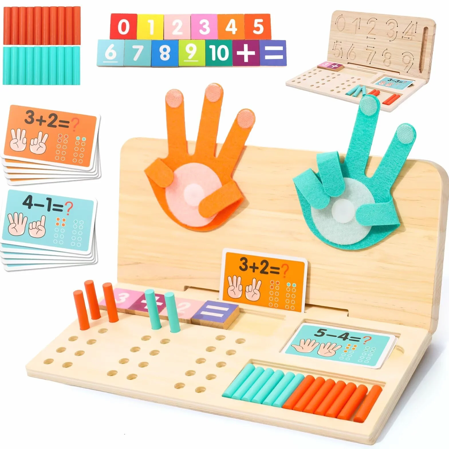 Wdmiya Giocattoli Educativi Montessori per Bambini 3 4 5 Anni, Giocattoli Matematici in Legno per Imparare a Contare, Doppia Faccia per Contare con Le Dita, Regalo di Natale per Bambino
