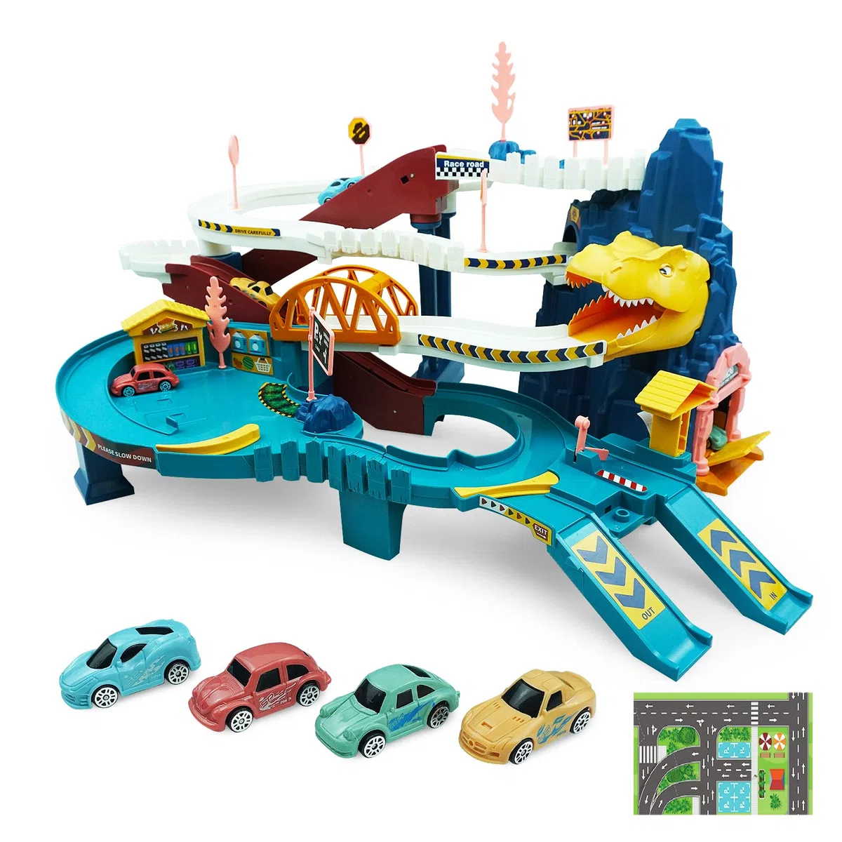 RedCrab Dinosaur Pista Macchinine Giocattolo, Dinosauri Piste Macchinine per Bambini con 4 Macchinine da 3 a 14 Anni, Regalo di Compleanno per Ragazzi e Ragazze