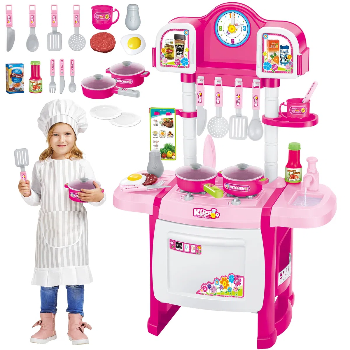 deAO My Little Chef Cucina Giocattolo in Miniatura con Luci e Suoni, 18 Accessori, Fornello, Lavello, Padelle e Utensili, Gioco di Ruolo, Regalo per Bambini e Bambine | Rosa