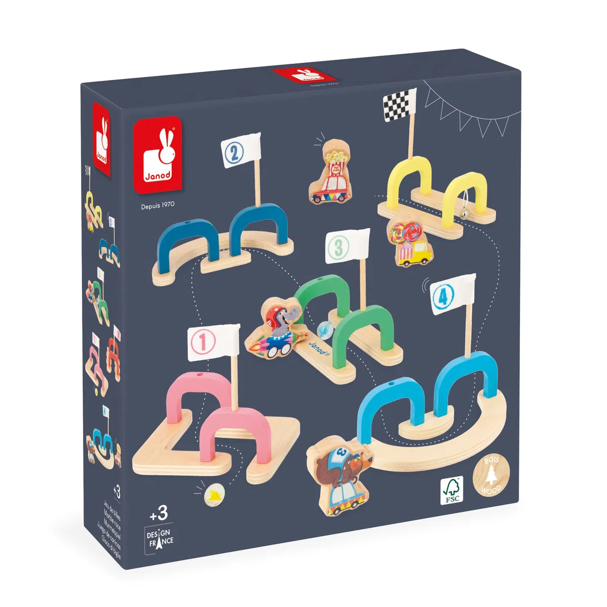 Janod - Gioco Biglie per Bambini Applepop - Gioco di Abilità - 6 Passaggi + 2 Biglie + 4 Pedine - Sviluppa Manualità e Concentrazione - Giocattolo in Legno FSC - Dai 3 Anni, J03357