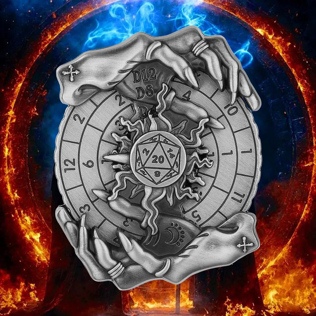 Mano Magica DND Ruota Dadi Spinner, 7-in-1 Metallici Spinner di Dadi, Roulette Mano Magica, Regali D&D, Sacchetto Regalo con Logo Drago, Giochi di Ruolo, Accessori per Giochi da Tavolo, Argento Scuro