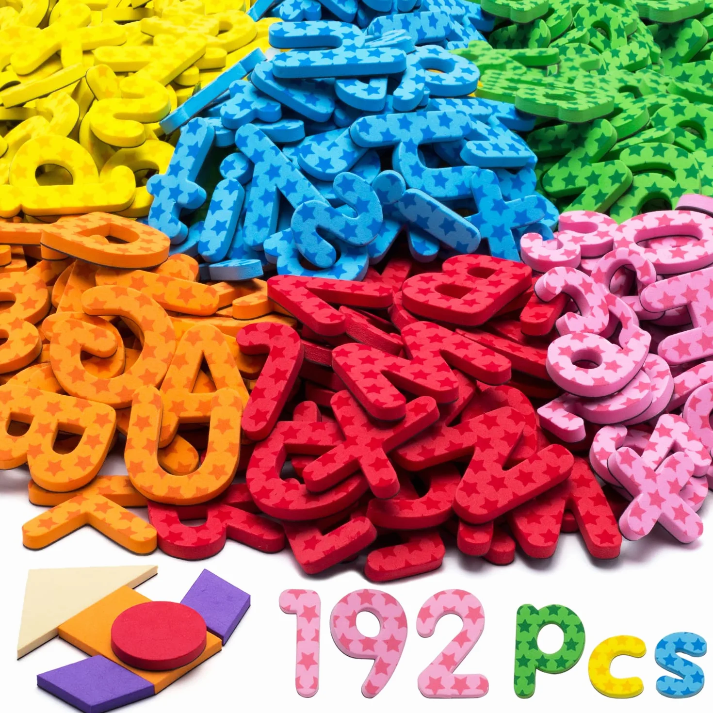 Lettere e numeri magnetici per educare i bambini, set di 192 pezzi in schiuma a 9 colori (con blocchi di motivi, simboli), magneti dell'alfabeto regalo per l'apprendimento dei bambini