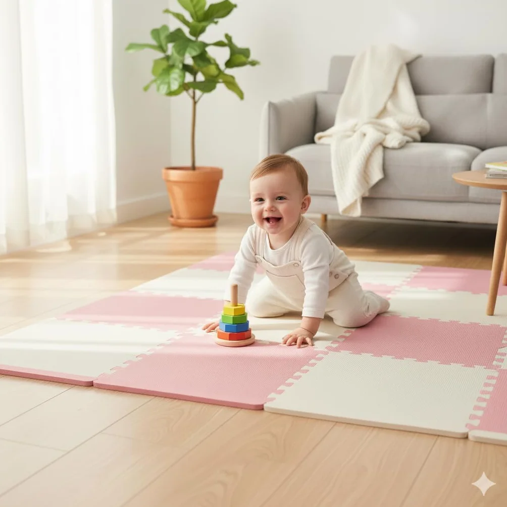 Tappeto Puzzle Bambini in EVA Antiscivolo – 18 Pezzi Rosa e Grigio 29,5x29,5 cm, Morbido e Atossico, Tappetone Gioco per Gattonare, Certificato CE, WELLDER