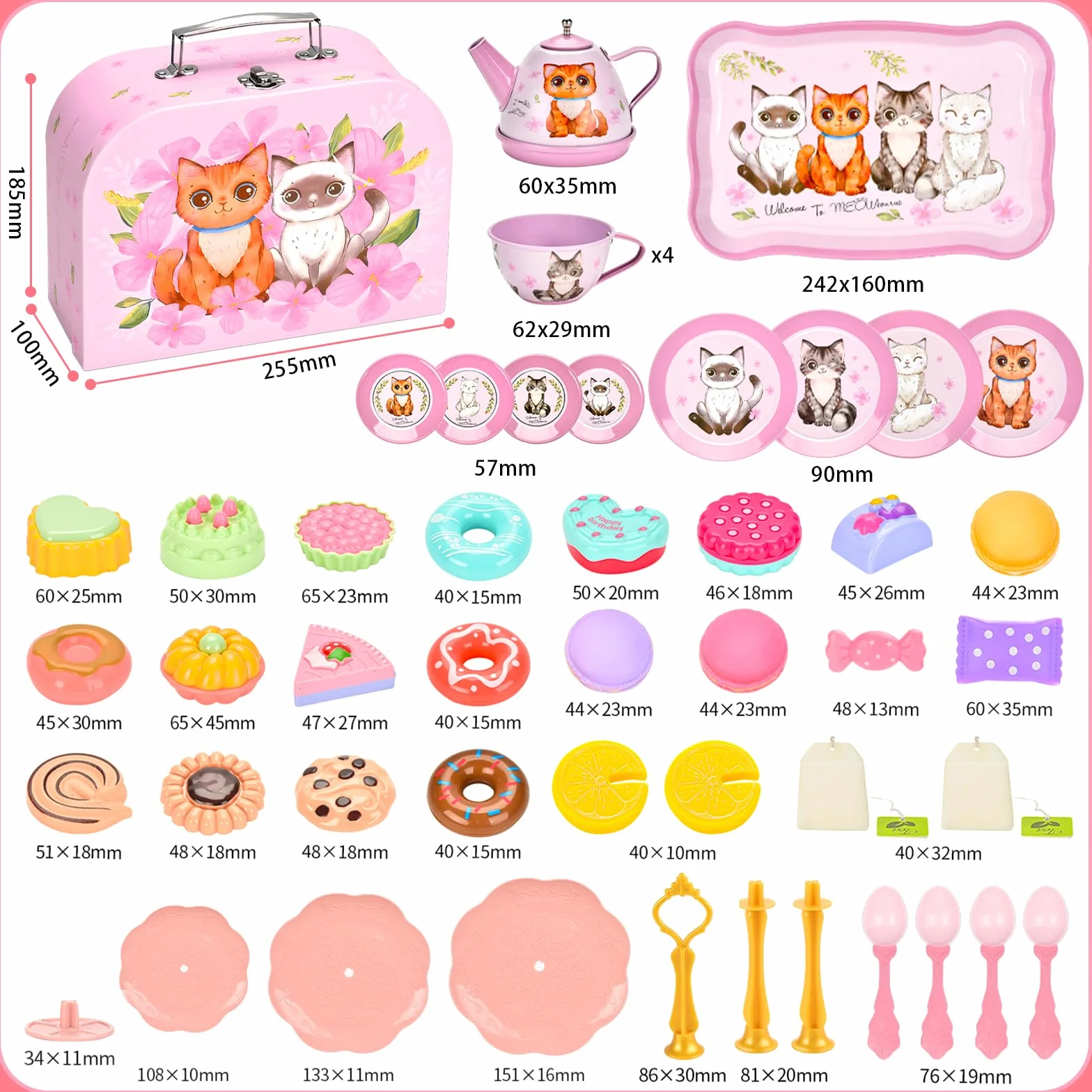 ZLPBAO Servizio da tè per bambini, 50 pezzi, set da tè per bambini, con valigetta per gattini, gioco di ruolo, giocattolo per piccoli servizi da tè con dessert, giochi di ruolo, regalo per ragazze 3