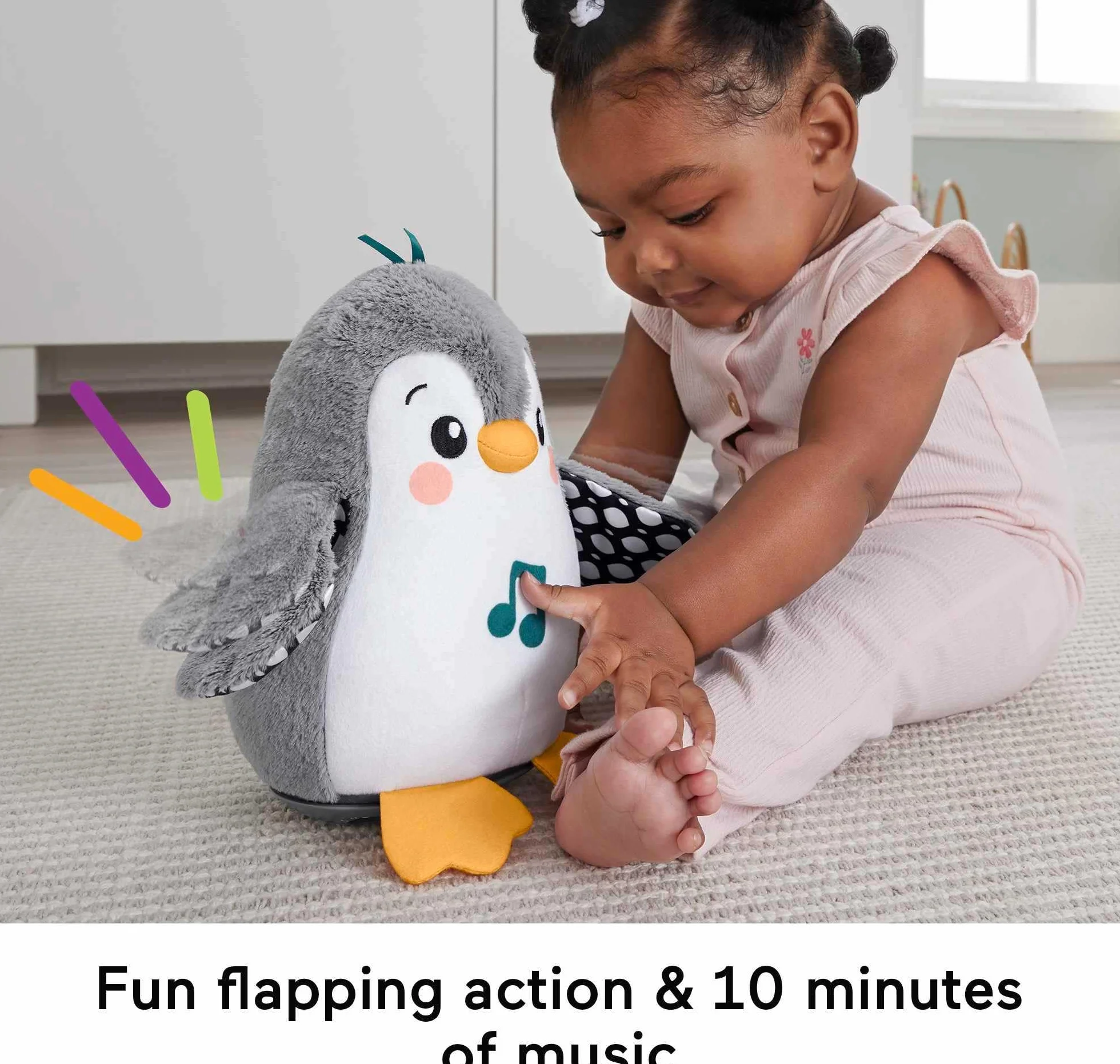 Fisher-Price - Pinguino Dolci Coccole, peluche sensoriale con musica e ali che si muovono, per il gioco interattivo da distesi sul pancino, giocattolo per bambini, 0+ anni, HNC10