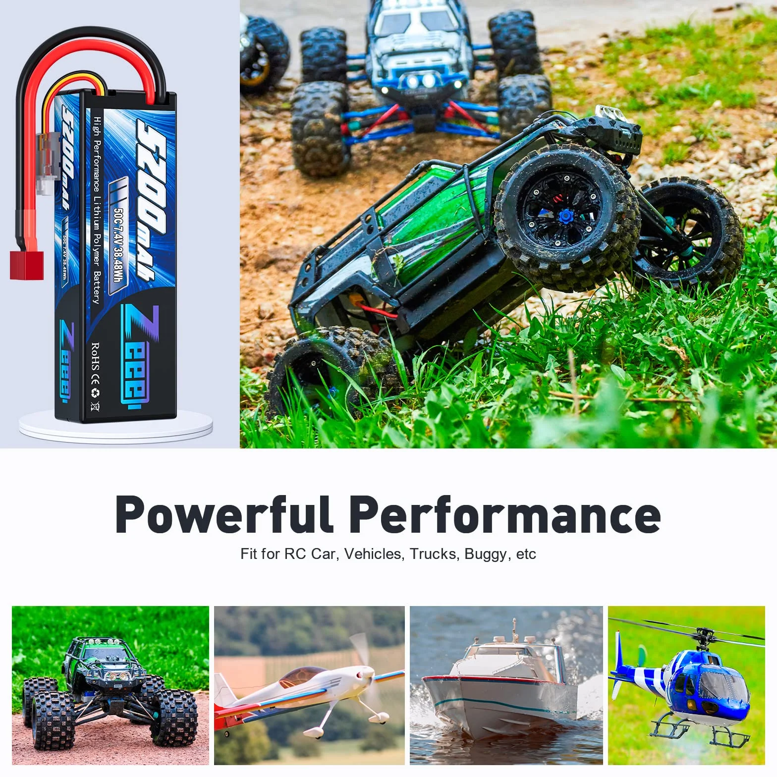 Zeee 2S Lipo Batteria 7.4V 50C 5200mAh Batteria RC con Deans T Plug per RC Evader BX Auto Car Truck Truggy RC Hobby