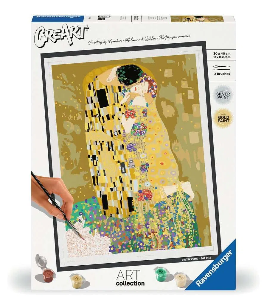Ravensburger CreArt: Klimt Il bacio – Dipingere con i Numeri Adulti, Attività Creativa e Rilassante, Kit Pittura con Pennello e Colori Inclusi, 30 x 40 cm, Idee Regalo