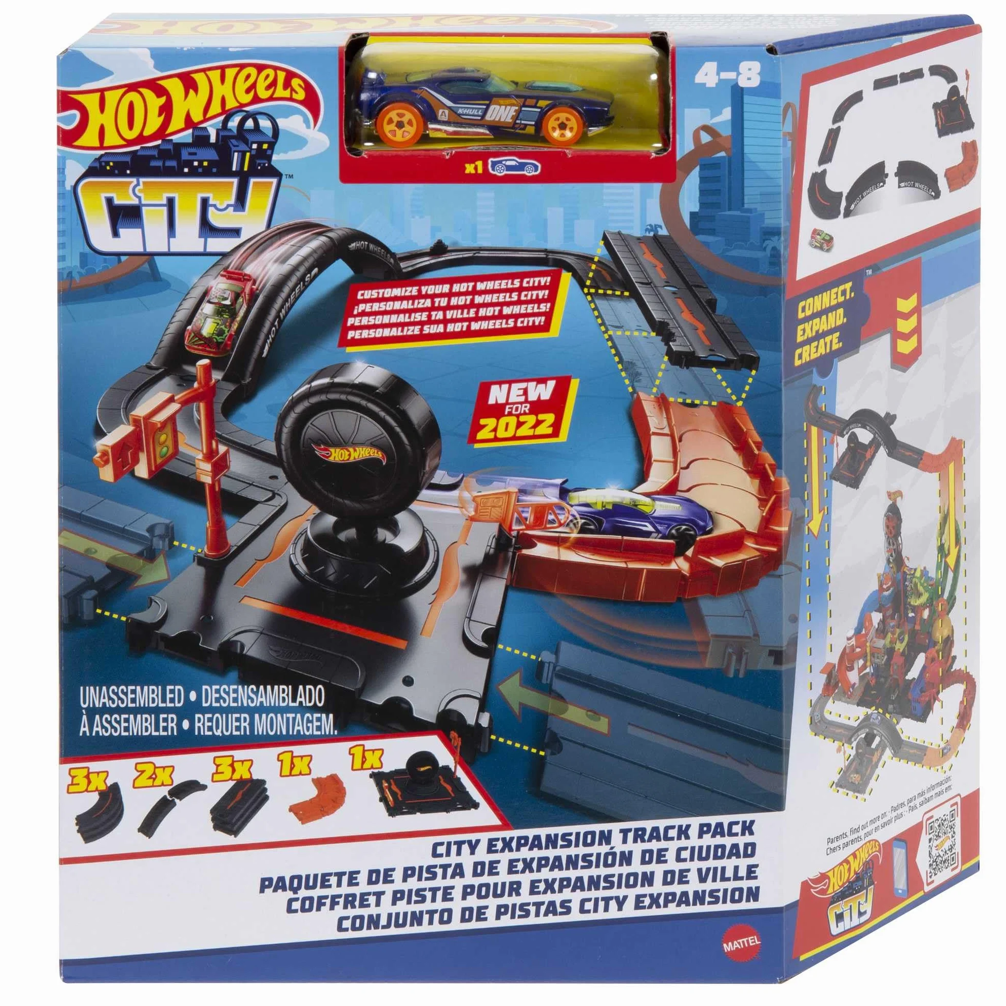 Hot Wheels - Pack di Espansione della City, set da 10 pezzi con base per pista e pezzi per costruire una destinazione urbana, macchinina Hot Wheels inclusa, giocattolo per bambini, 4+ anni, HDN95