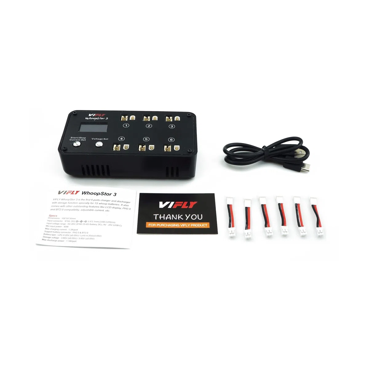 VIFLY WhoopStor V3 Caricabatterie LIPO 1S con funzione di scarica e mantenimento della carica di stoccaggio con display LCD. Caricabatterie per Tiny Whoop con connettore PH2.0 a BT2.0