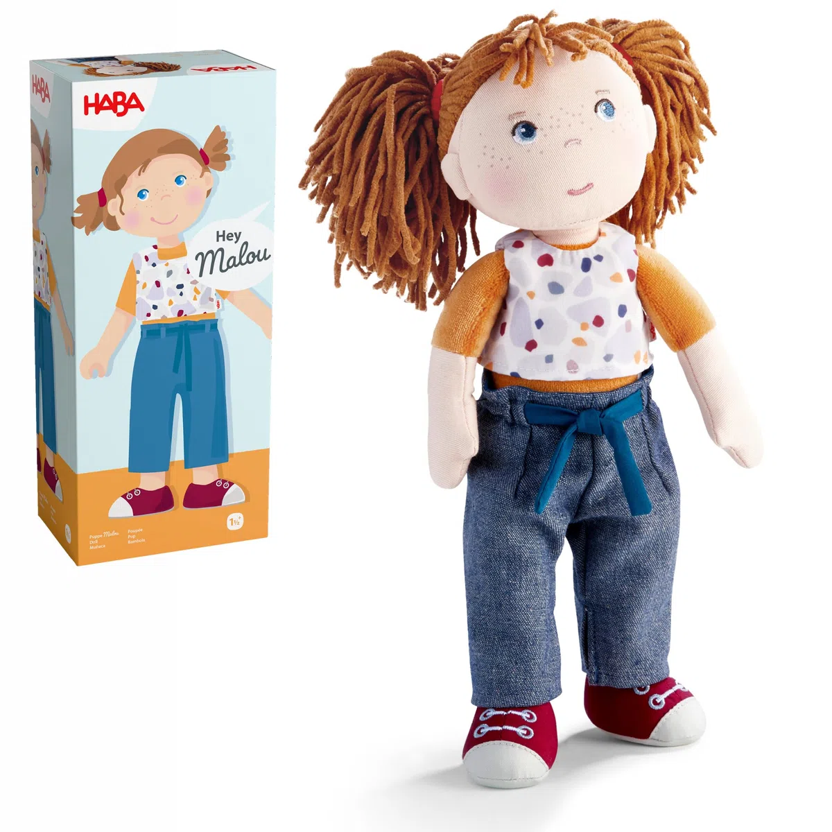 HABA Bambola Malou - Bambola di stoffa da 30 cm per giocare e coccolare - Materiali morbidi e lavabili - Alternativa ideale alla bambola di peluche - Adatto per bambini a partire dai 1,5 anni -