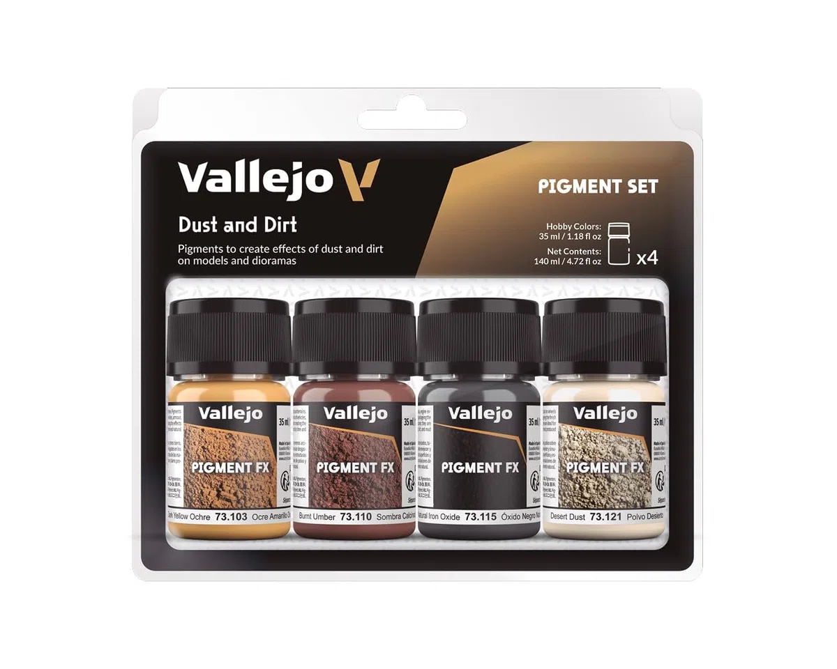 Vallejo Pigment FX Set, Kit di 4 Pigmenti Sintetici da 35 Ml, Ideale per Simulare Polvere e Sucietà in Maquettes e Diorami, Include Tutorial