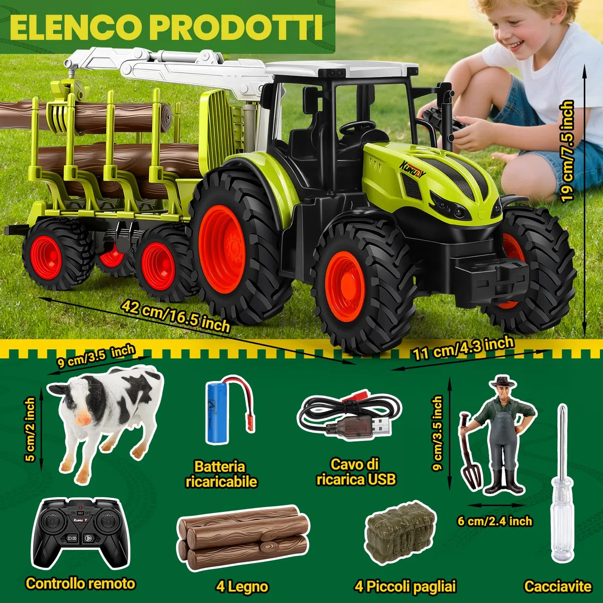 BuzzoXerex RC Trattore Telecomandato per Bambini, 2,4 Hz Trattore Radiocomandato con Rimorchio Giocattolo e Luce, Trattore Giocattolo per Bambini 3 4 5 anni