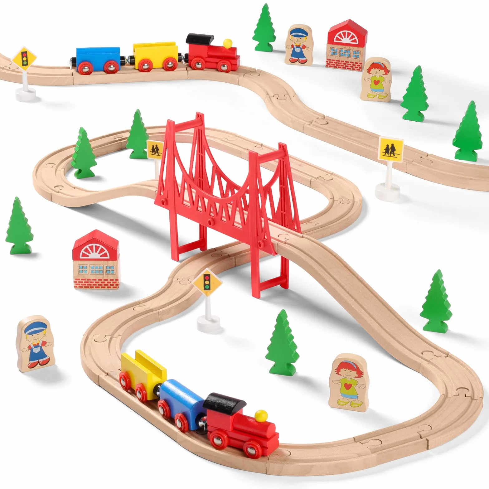 SainSmart Jr. Set di treni in legno per bambini con ponte sospeso, 37 pezzi binari in legno per Brio, Thomas, Melissa e Doug, giocattolo per treni dai 3 ai 5 anni in su