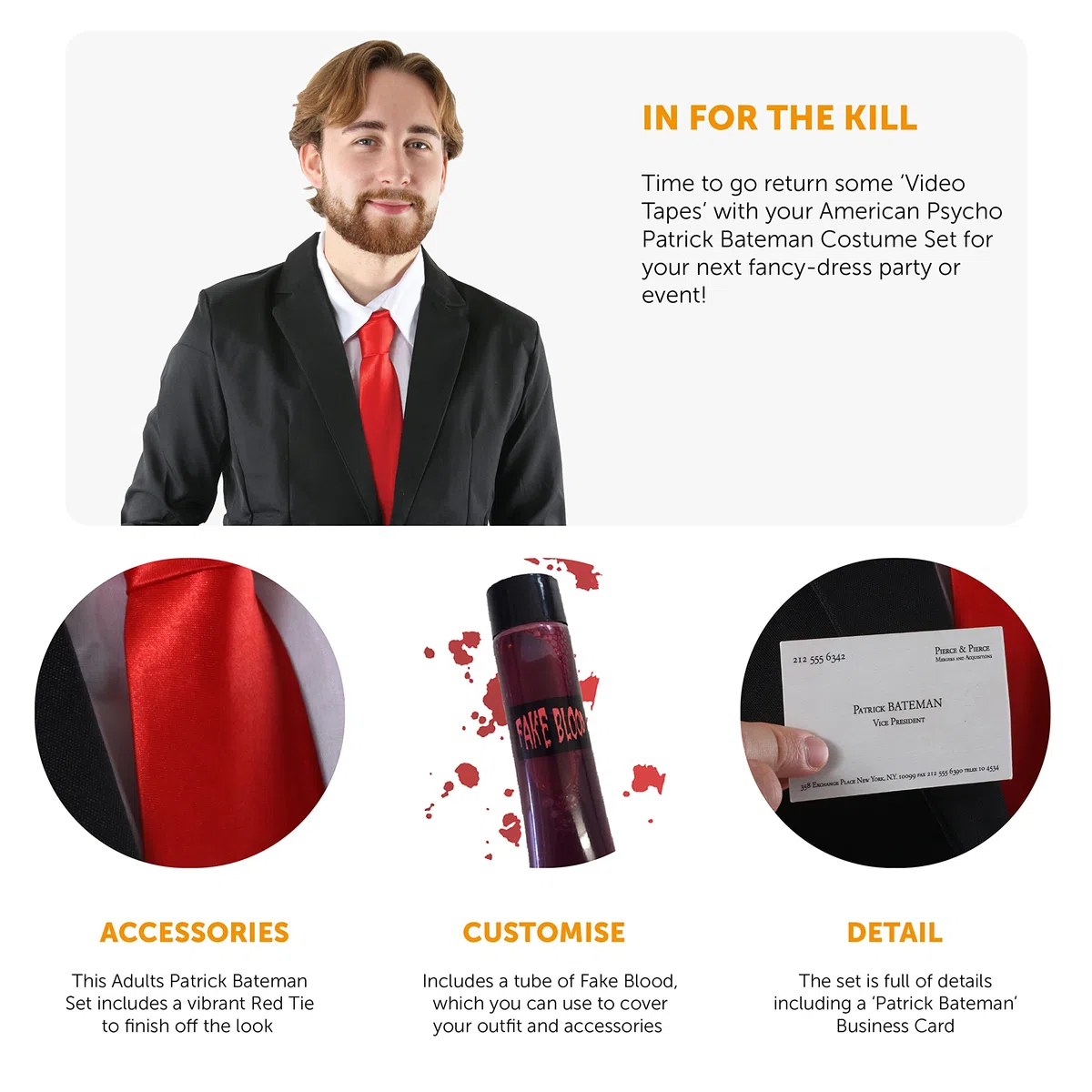 Costume da Patrick Bateman per adulti - Tuta nera, impermeabile trasparente, cravatta rossa, ascia finta, biglietto da visita e sangue finto - personaggio della TV americana psicopatica da uomo