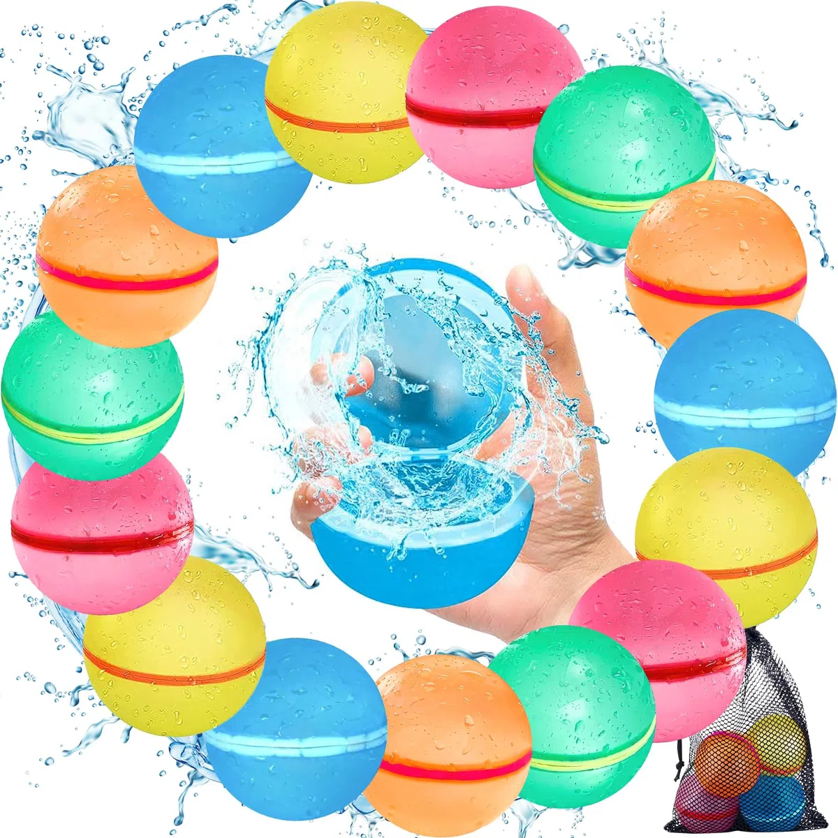 Palloncini Acqua Riutilizzabili, 15PCS Gavettoni Riutilizzabili, Facile da Riempire e Autosigillante, Bombe da Acqua Palloncini per Bambini Adulti, per Estivi Spiaggia, Piscina e Giardino