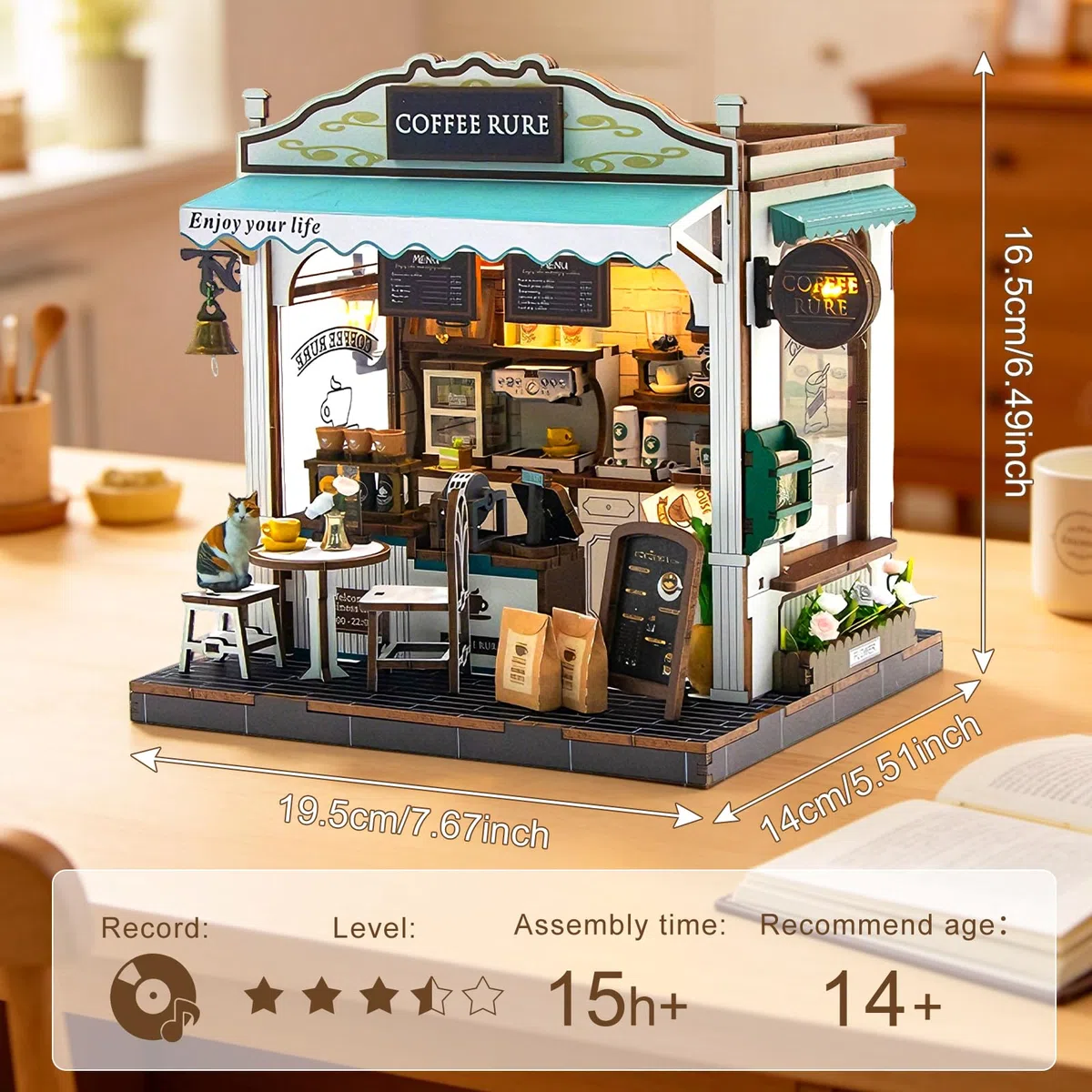 Cuteefun Casa delle Bambole in Miniatura con Luci LED, Kit Creativo Fai da Te, Oggetto Decorativo, per Adulti e Adolescenti, Idea Regalo per Natale e Compleanno (Caffè-Bar)