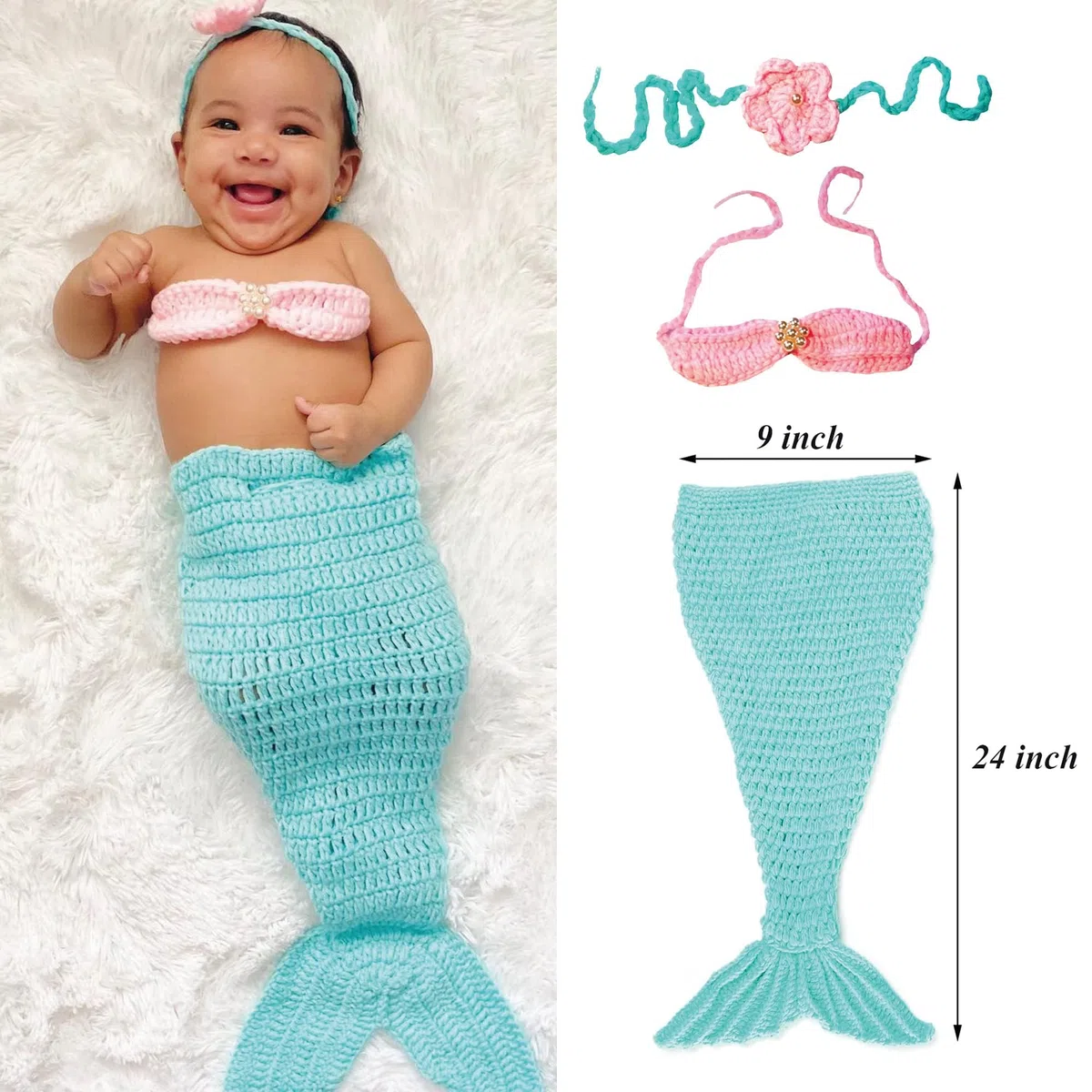3 PCS Requisiti Fotografici per Neonati, Outfit da Sirena per Foto di Neonati, Set di Costumi da Sirena Fatto a Mano a Crochet, Include Corona, Reggiseno, Coda, Costume da Sirena per Bambini