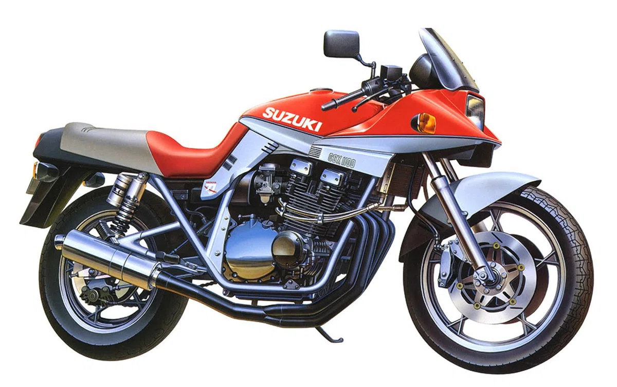 Tamiya 300014065-1:12 Suzuki GSX1100 Katana Custom Tuned, Rosso, Nero, Argento